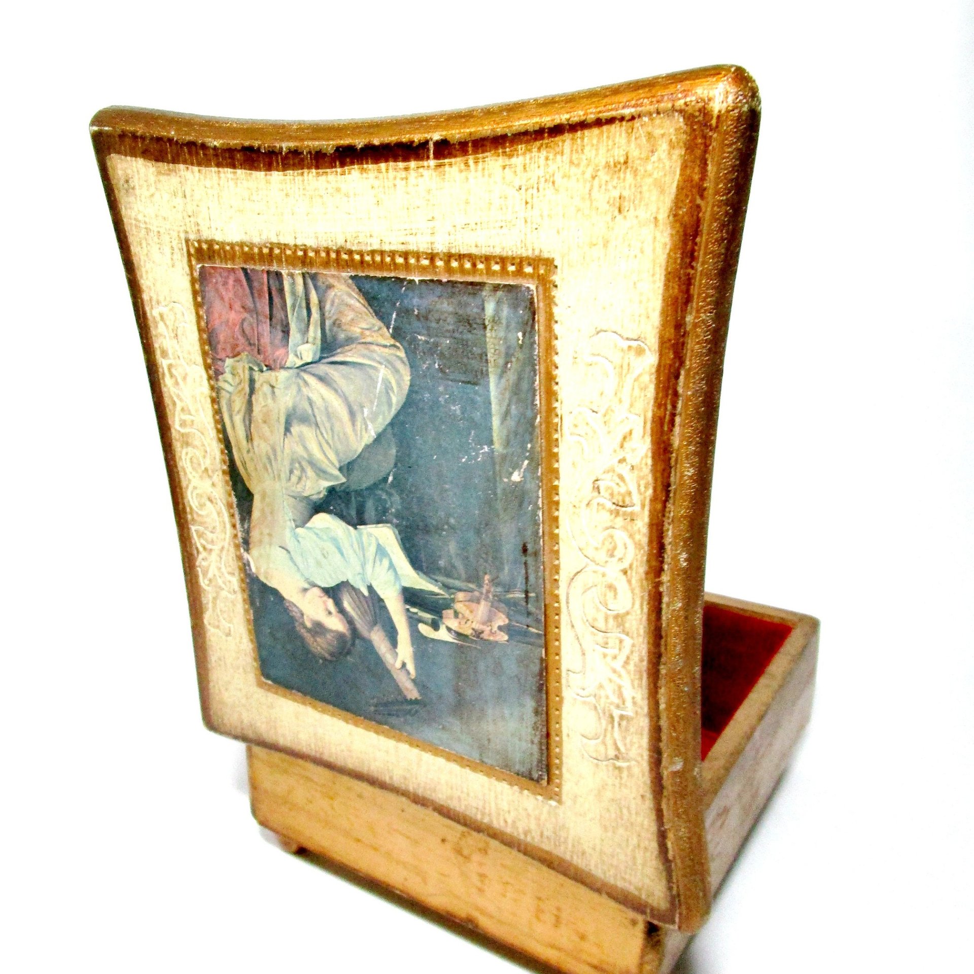 Florentine Music Box, Jewelry Storage, White with Gold Trims, Musicians, Red Interior, Theme to Love Story