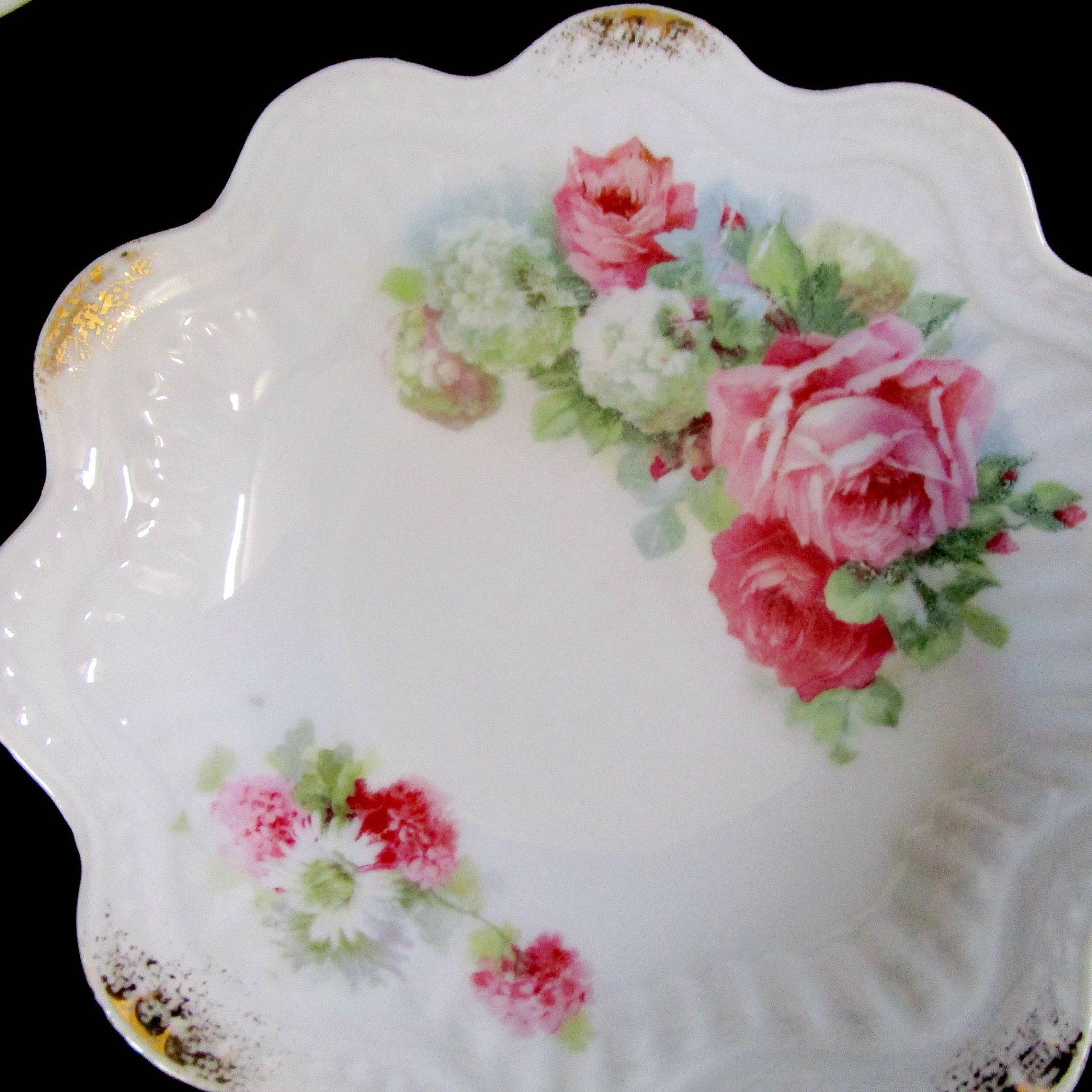 Antique Berry Set, Serving Bowl and 4 Berry Bowls, Made in Germany, Pink Roses. Scalloped and Embossed, Wedding Gift