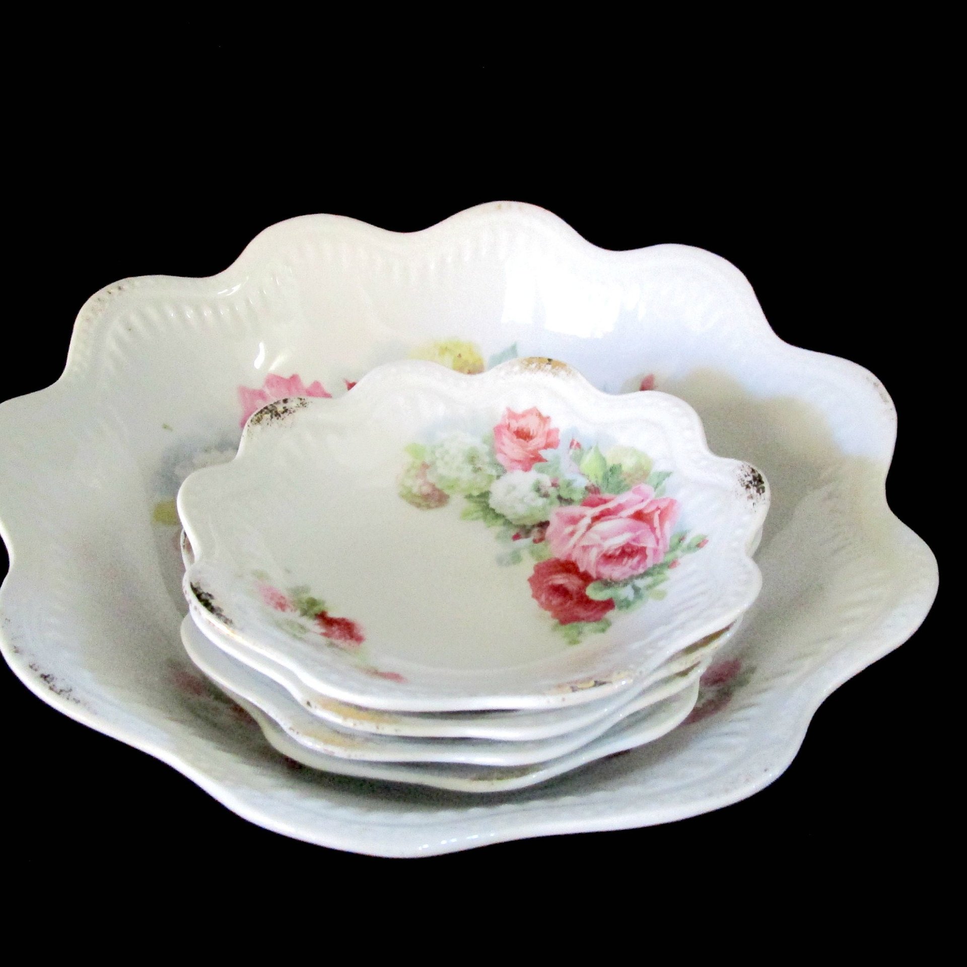 Antique Berry Set, Serving Bowl and 4 Berry Bowls, Made in Germany, Pink Roses. Scalloped and Embossed, Wedding Gift