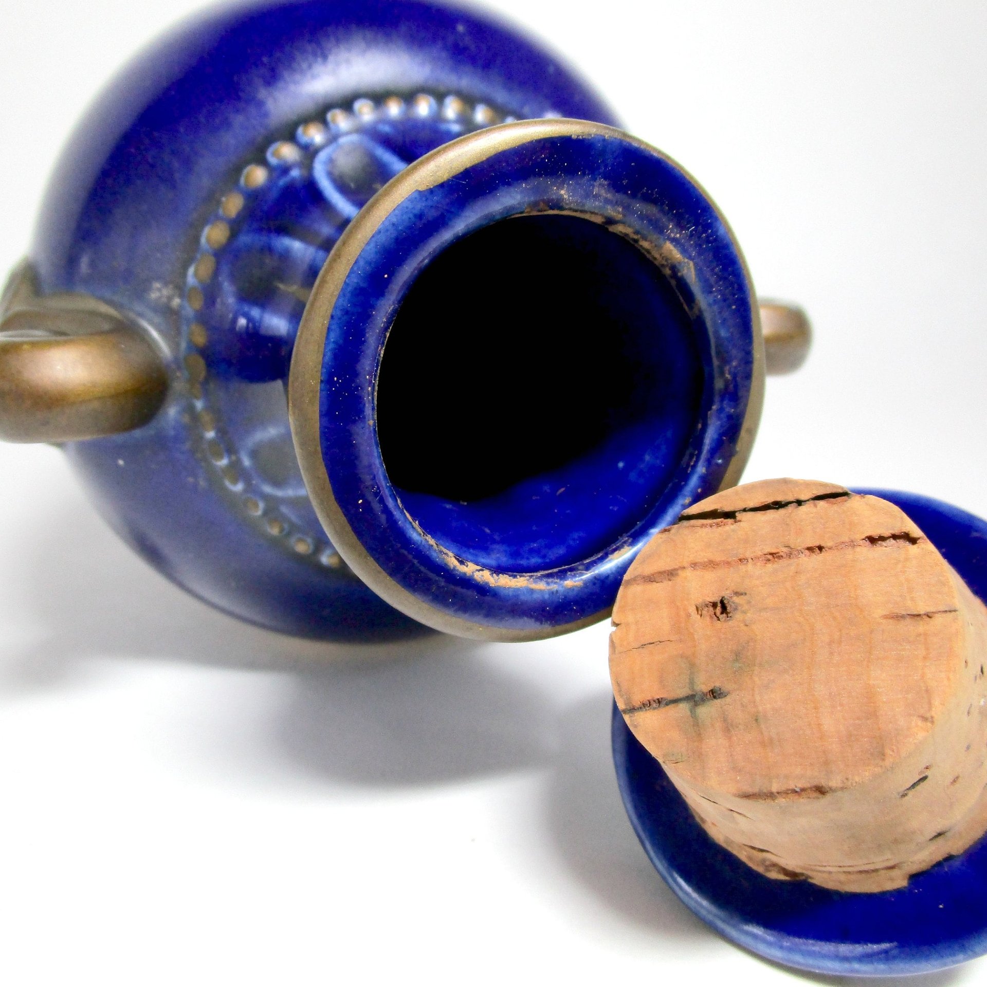 Wine Carafe, Liquor Decanter, Courting Couple, Cobalt Blue, Gold Gilt Trim, Cork Stopper, Made in Germany