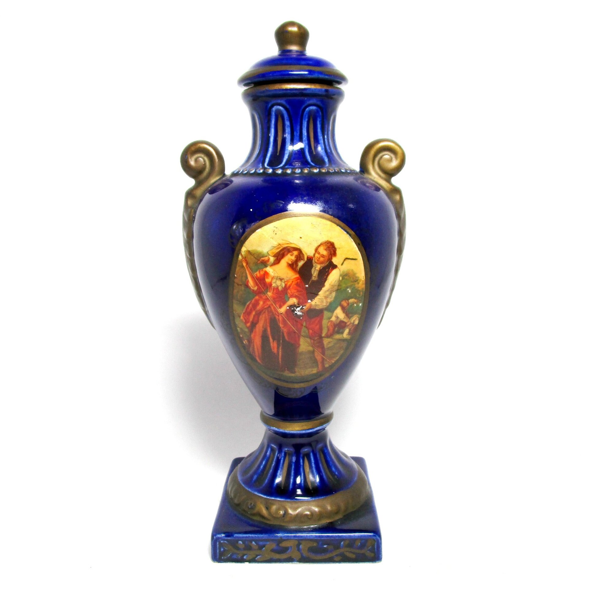 Wine Carafe, Liquor Decanter, Courting Couple, Cobalt Blue, Gold Gilt Trim, Cork Stopper, Made in Germany