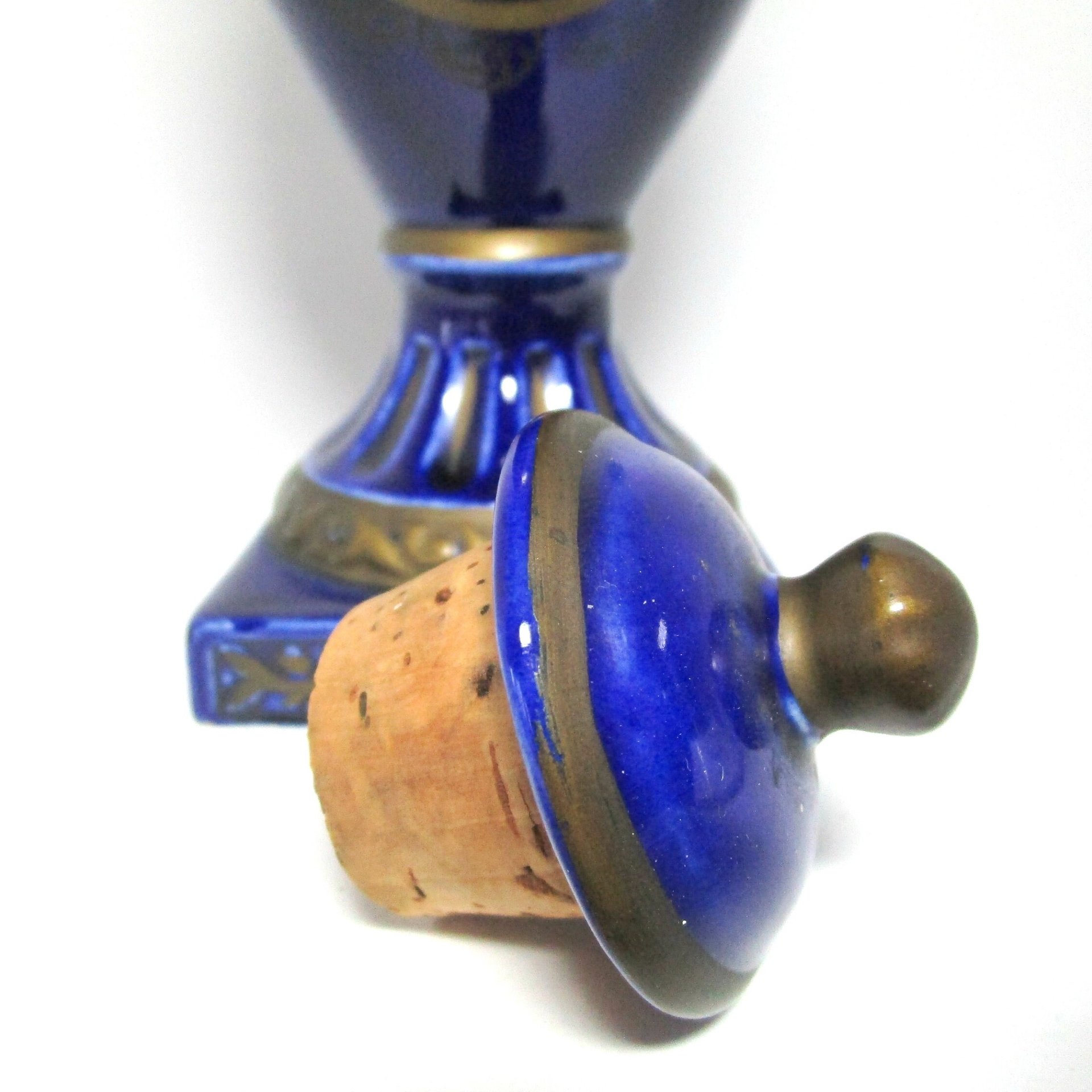 Wine Carafe, Liquor Decanter, Courting Couple, Cobalt Blue, Gold Gilt Trim, Cork Stopper, Made in Germany