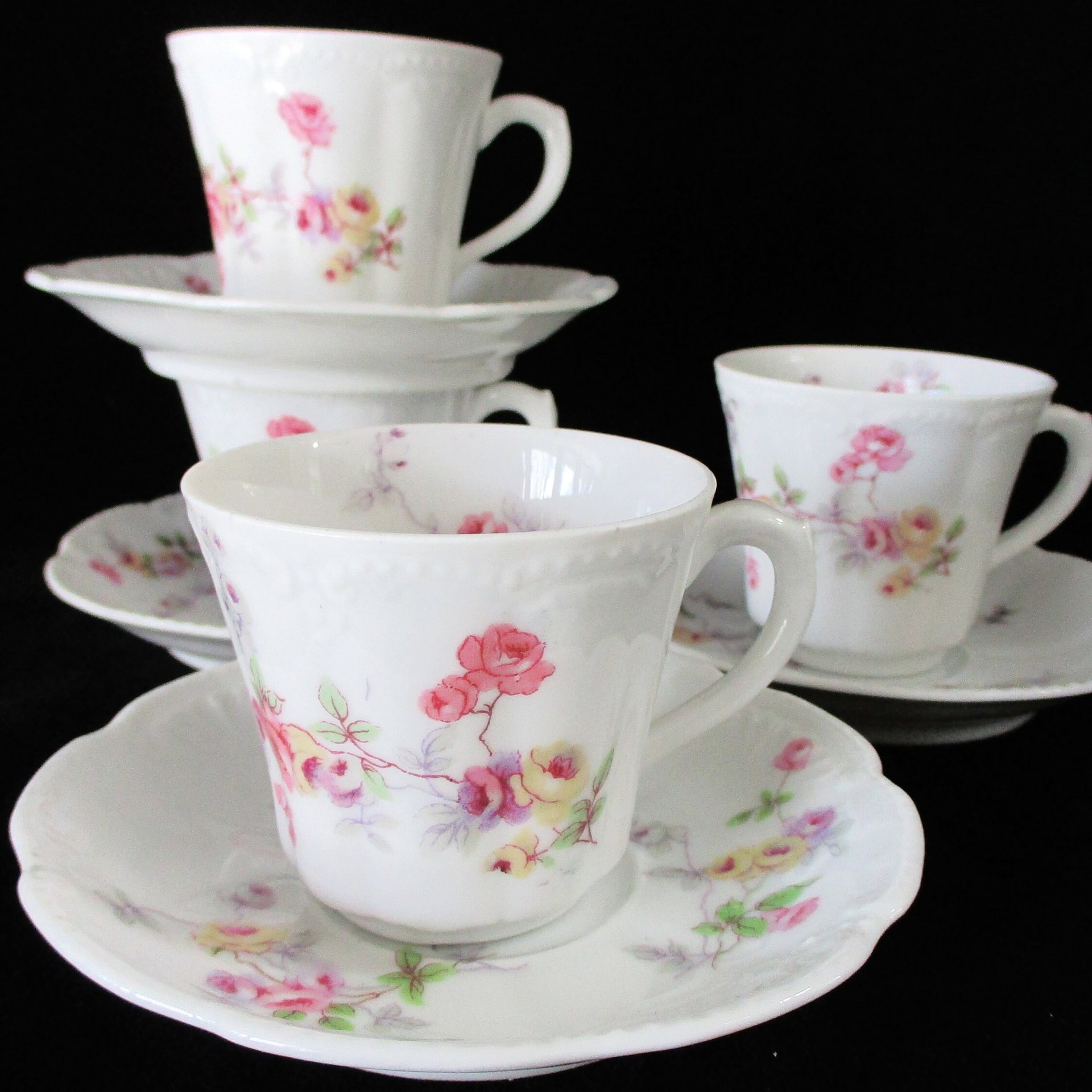 Limoges Demitasse Cups and Saucers, Set of 4, Espresso Cups, Bassett Austria, Pink Florals, Scalloped Edges