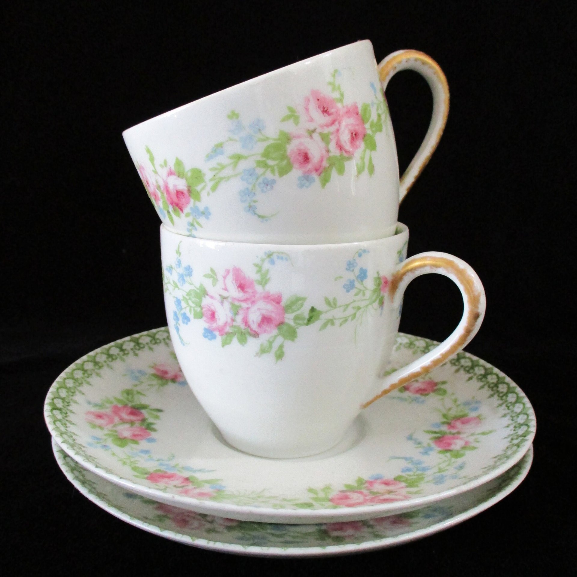French Demitasse Cups and Saucers, Set of 2, France Depose, Tilden Thurberg Co, Providence Rhode Island, Pink Florals, Espresso Set
