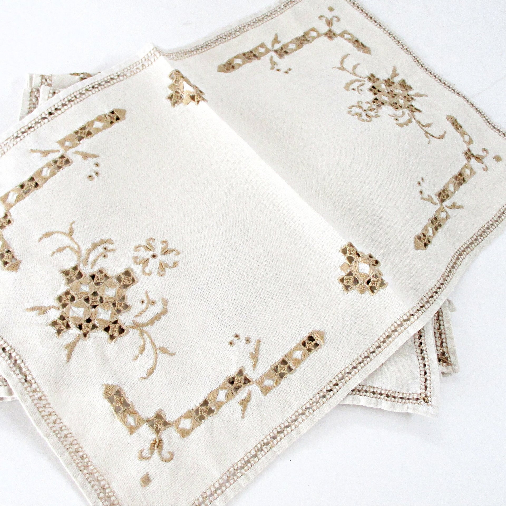 Embroidered Linen Dresser Scarves, Placemats, Cutwork Napkins, Ecru Doilies, Set of 8, Wedding Gift
