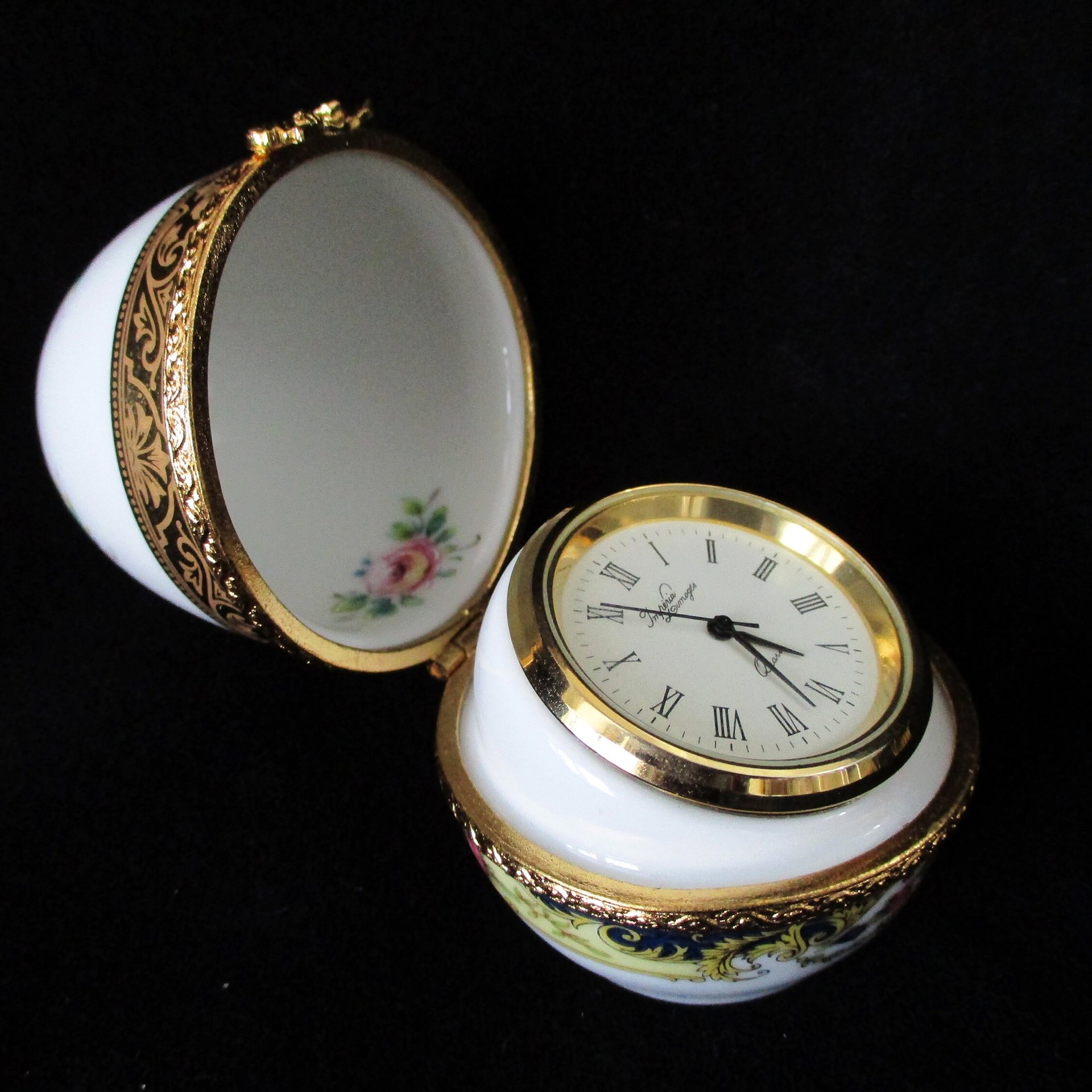 Imperial Limoges Egg Quartz Clock, Pink Florals, Ornate Gold Rims, Limoges Egg with Clock, Mothers Day Gift