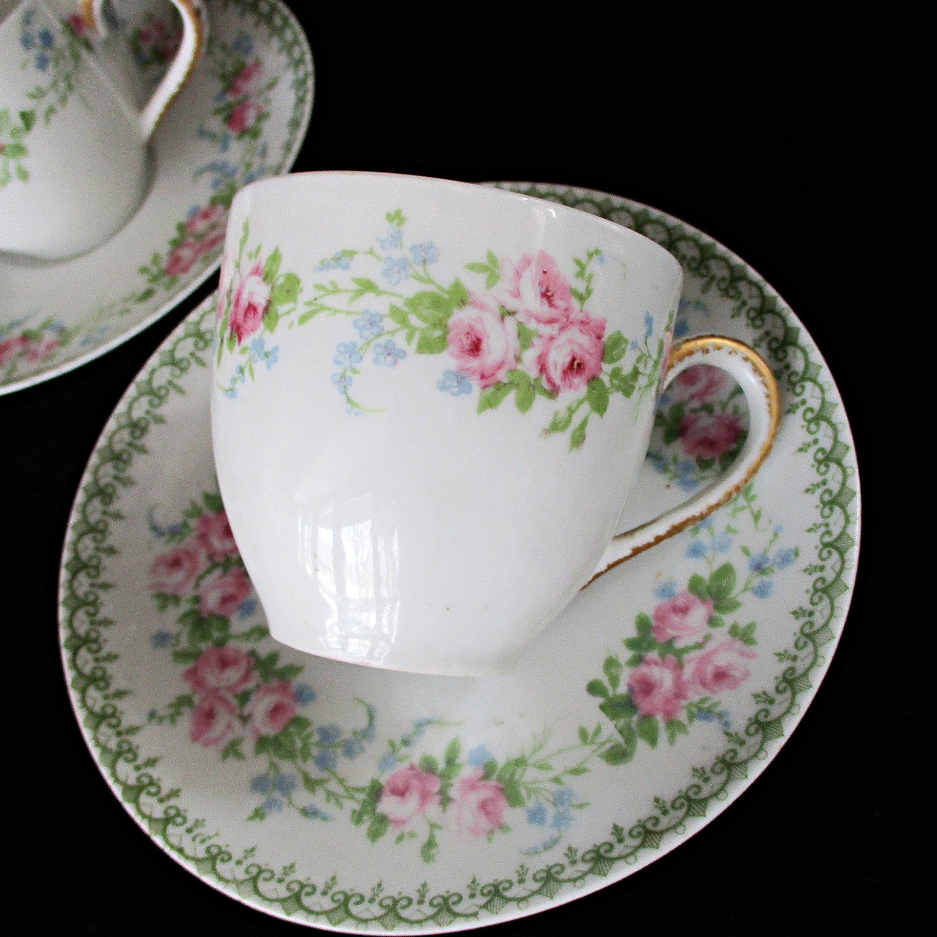 French Demitasse Cups and Saucers, Set of 2, France Depose, Tilden Thurberg Co, Providence Rhode Island, Pink Florals, Espresso Set