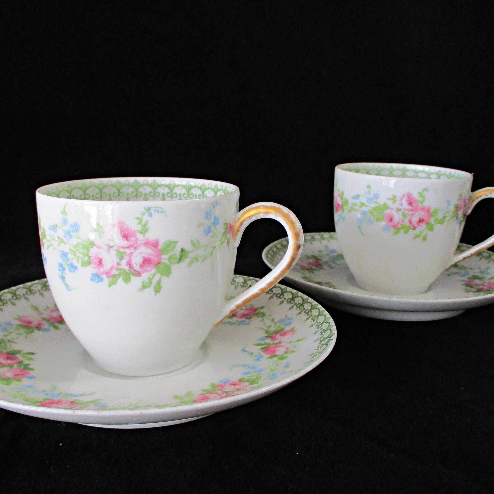 French Demitasse Cups and Saucers, Set of 2, France Depose, Tilden Thurberg Co, Providence Rhode Island, Pink Florals, Espresso Set