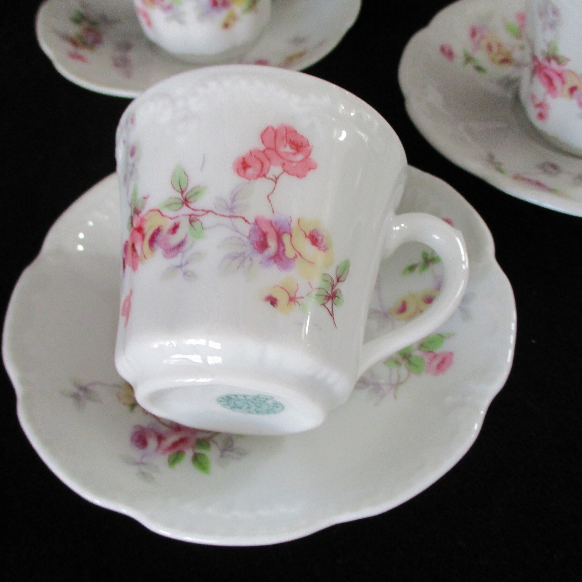 Limoges Demitasse Cups and Saucers, Set of 4, Espresso Cups, Bassett Austria, Pink Florals, Scalloped Edges