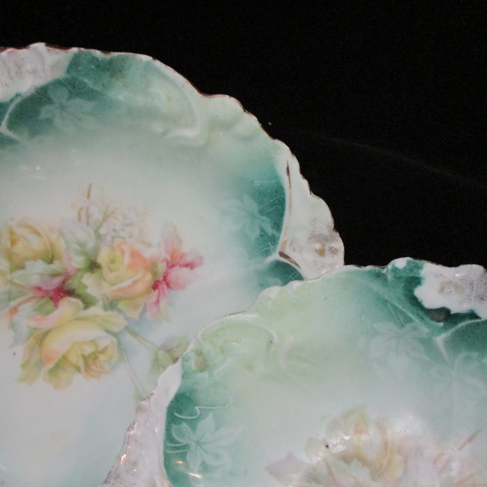 RS Germany, Berry Bowls, Scalloped Embossed Edges, Authentic RS Germany, Green and White with Floral Centers, Set of 2