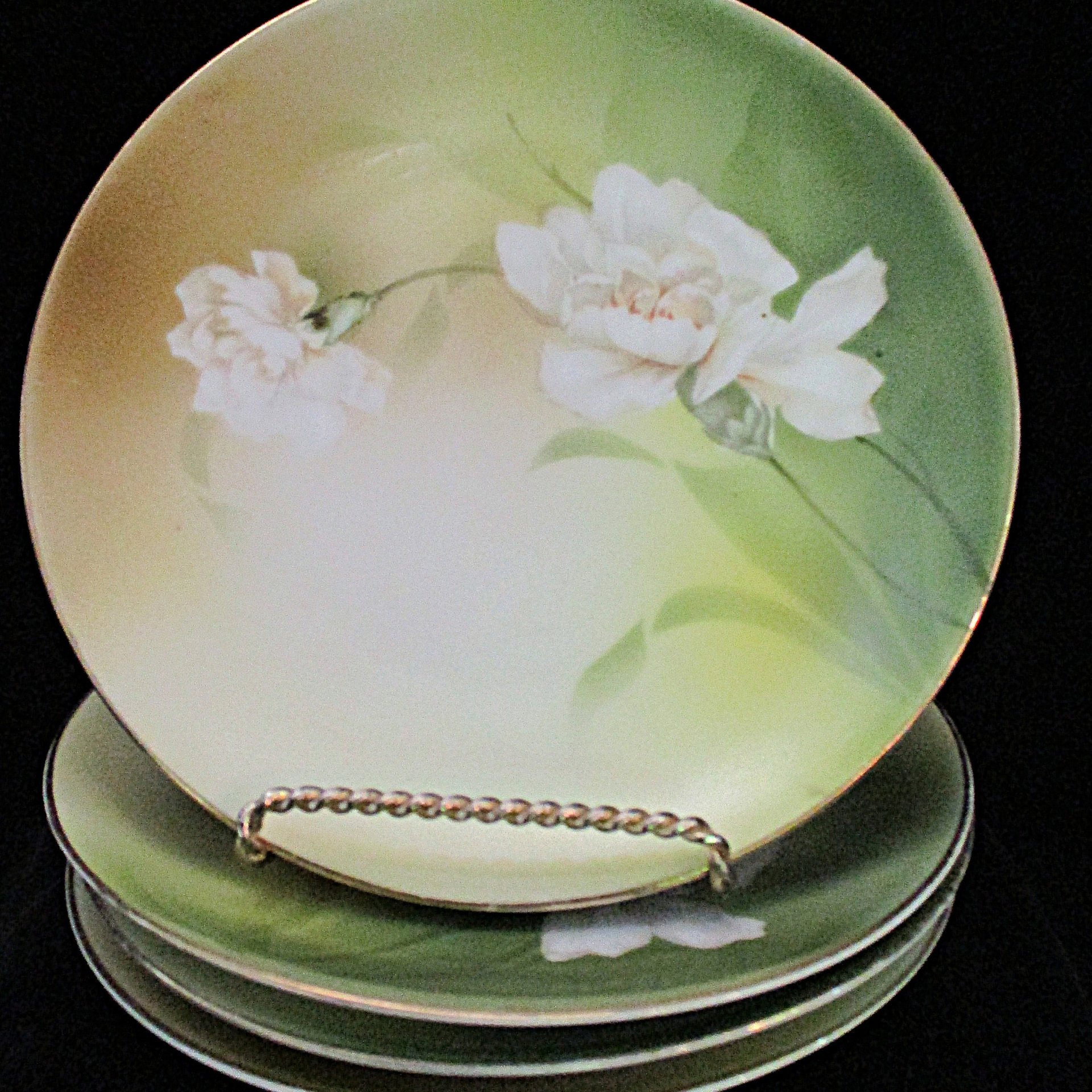 RS Germany, Bread Plates, Dessert Plates, Hand Painted Roses, Authentic RS Germany, Green and White with Floral Centers, Set of 4