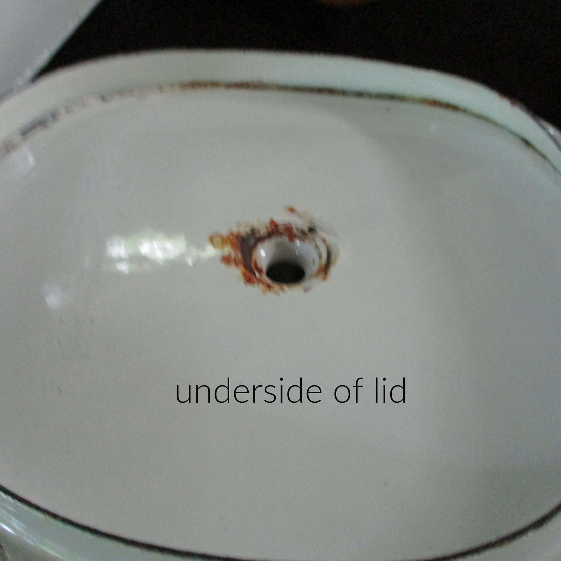 French Bedpan, White Enamelware, Blue Trim, Lidded, Large Handle. Ideal as Flower Pot, French Country Farmhouse Decor