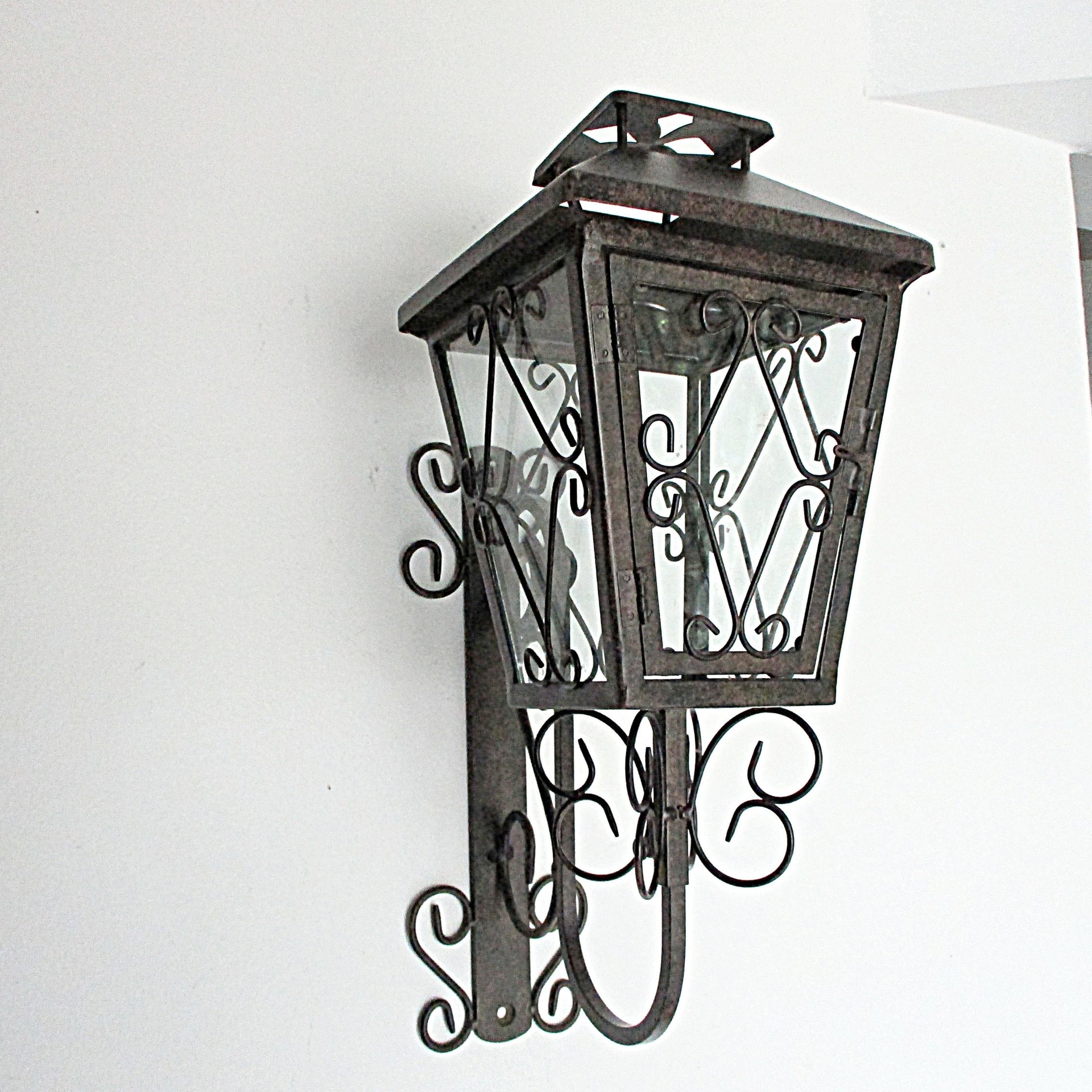 Mid Century Lantern, Wall Mount, Metal Scrolls, Wrought Iron, Garden Candle Holder, Glass Panes, Mediterranean Flair, Housewarming Gift