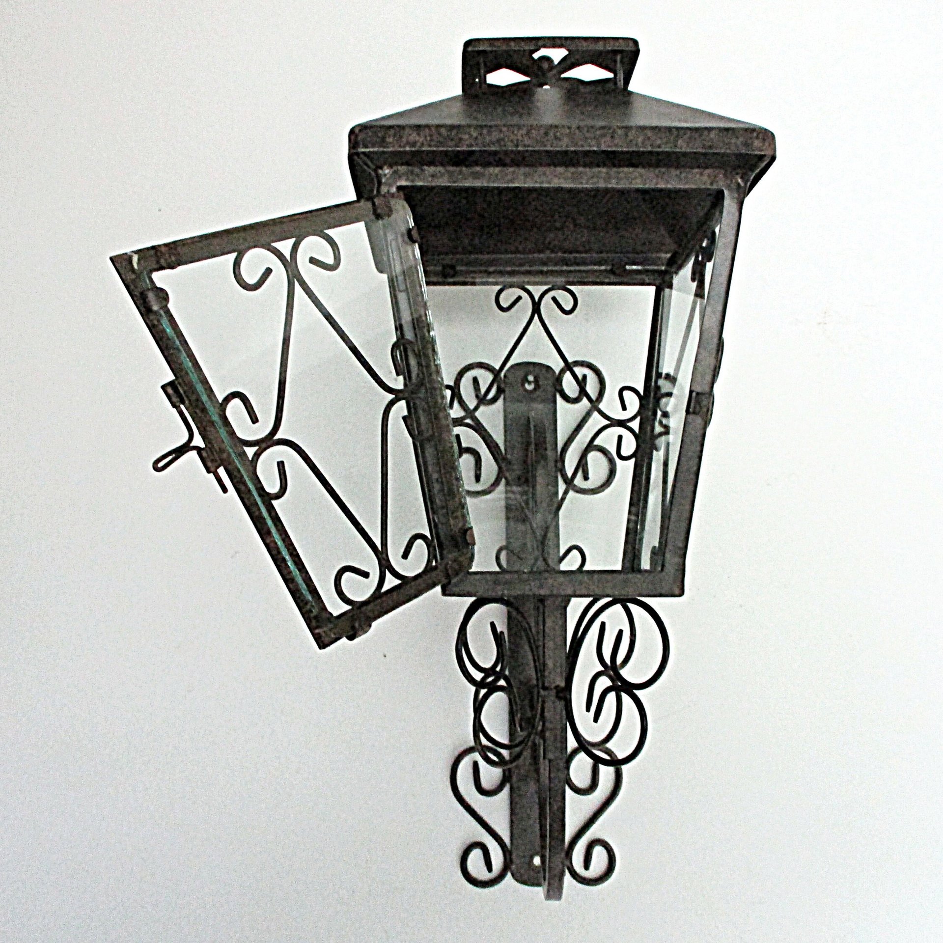 Mid Century Lantern, Wall Mount, Metal Scrolls, Wrought Iron, Garden Candle Holder, Glass Panes, Mediterranean Flair, Housewarming Gift
