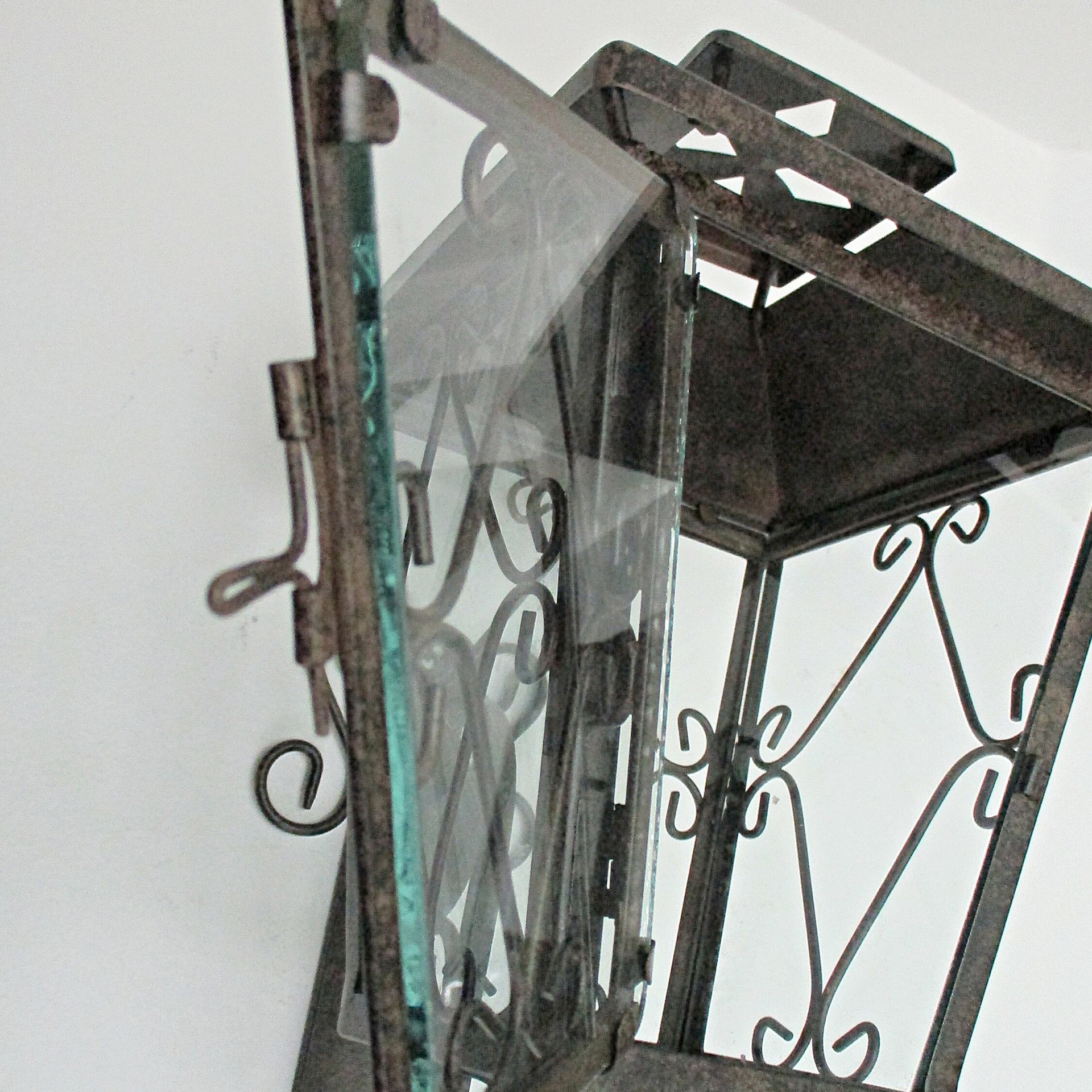 Mid Century Lantern, Wall Mount, Metal Scrolls, Wrought Iron, Garden Candle Holder, Glass Panes, Mediterranean Flair, Housewarming Gift