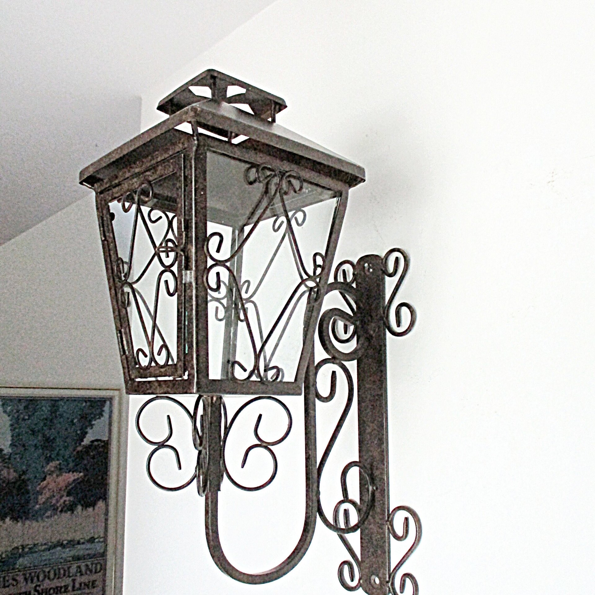 Mid Century Lantern, Wall Mount, Metal Scrolls, Wrought Iron, Garden Candle Holder, Glass Panes, Mediterranean Flair, Housewarming Gift