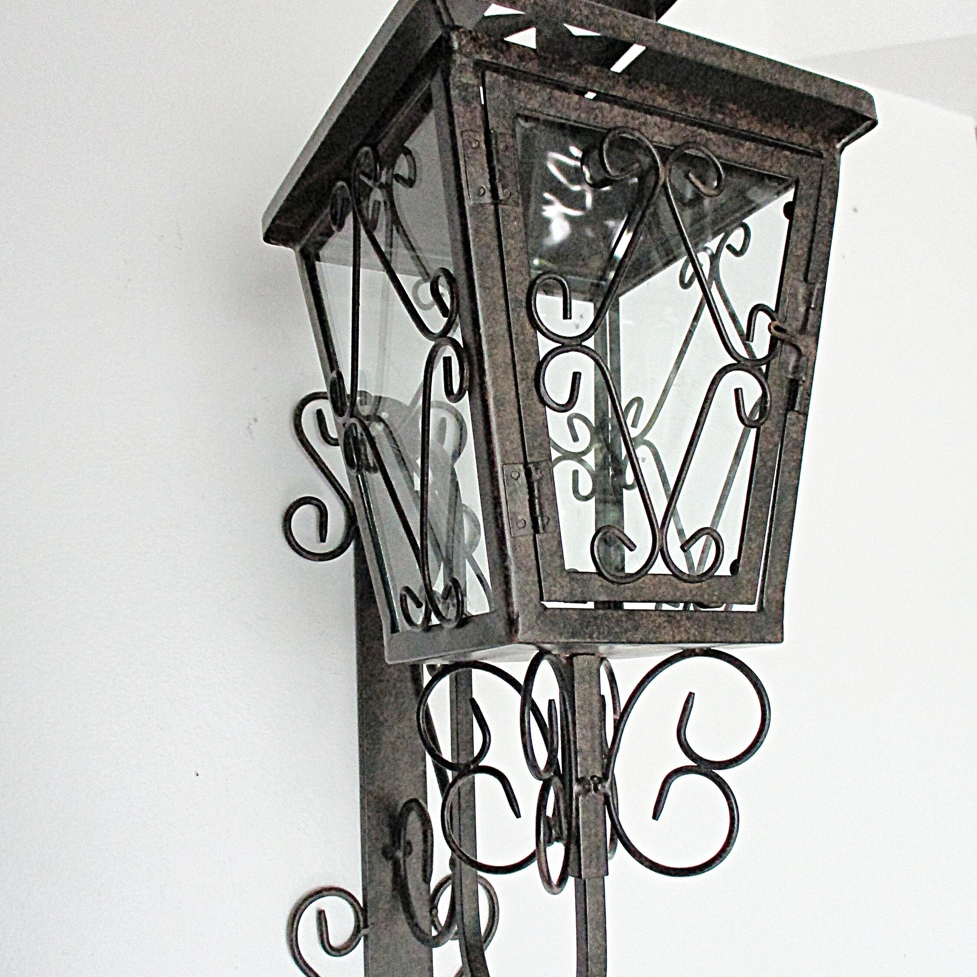 Mid Century Lantern, Wall Mount, Metal Scrolls, Wrought Iron, Garden Candle Holder, Glass Panes, Mediterranean Flair, Housewarming Gift