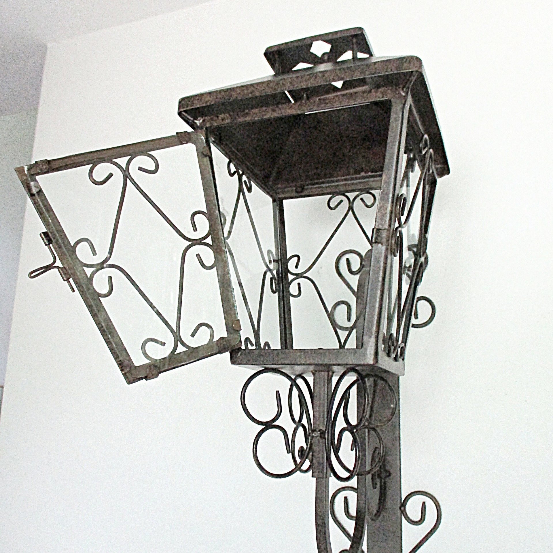 Mid Century Lantern, Wall Mount, Metal Scrolls, Wrought Iron, Garden Candle Holder, Glass Panes, Mediterranean Flair, Housewarming Gift