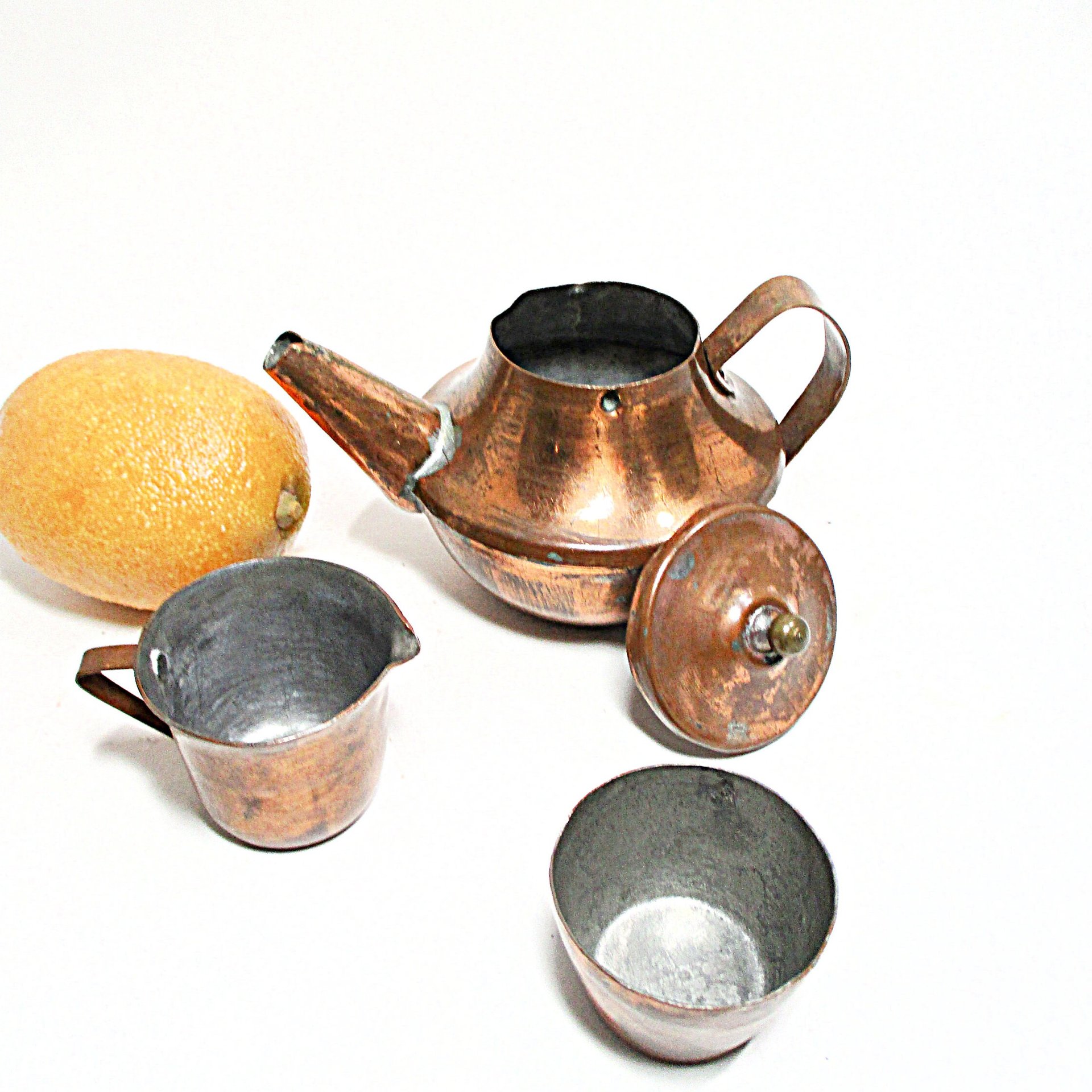 Childs Copper Tea Set, Toy Tea Pot, Sugar Bowl and Creamer, Miniature  Childs Sized Copper Coffee Set