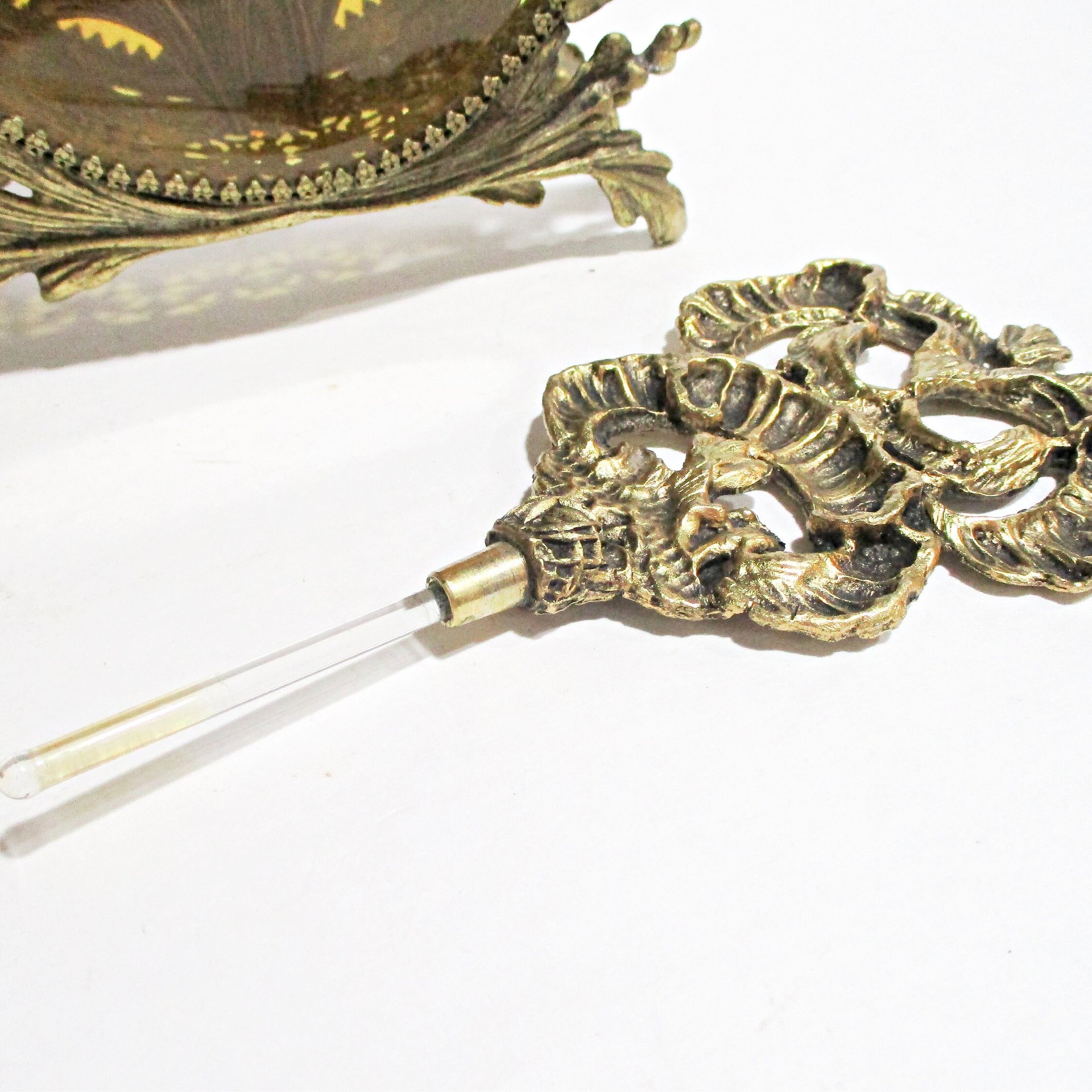 Ormolu Perfume Bottle, Glass Dauber, Amber Beveled Glass Sides, Bird Floral Insert, Gold Filigree, Hollywood Regency, Victorian Decor