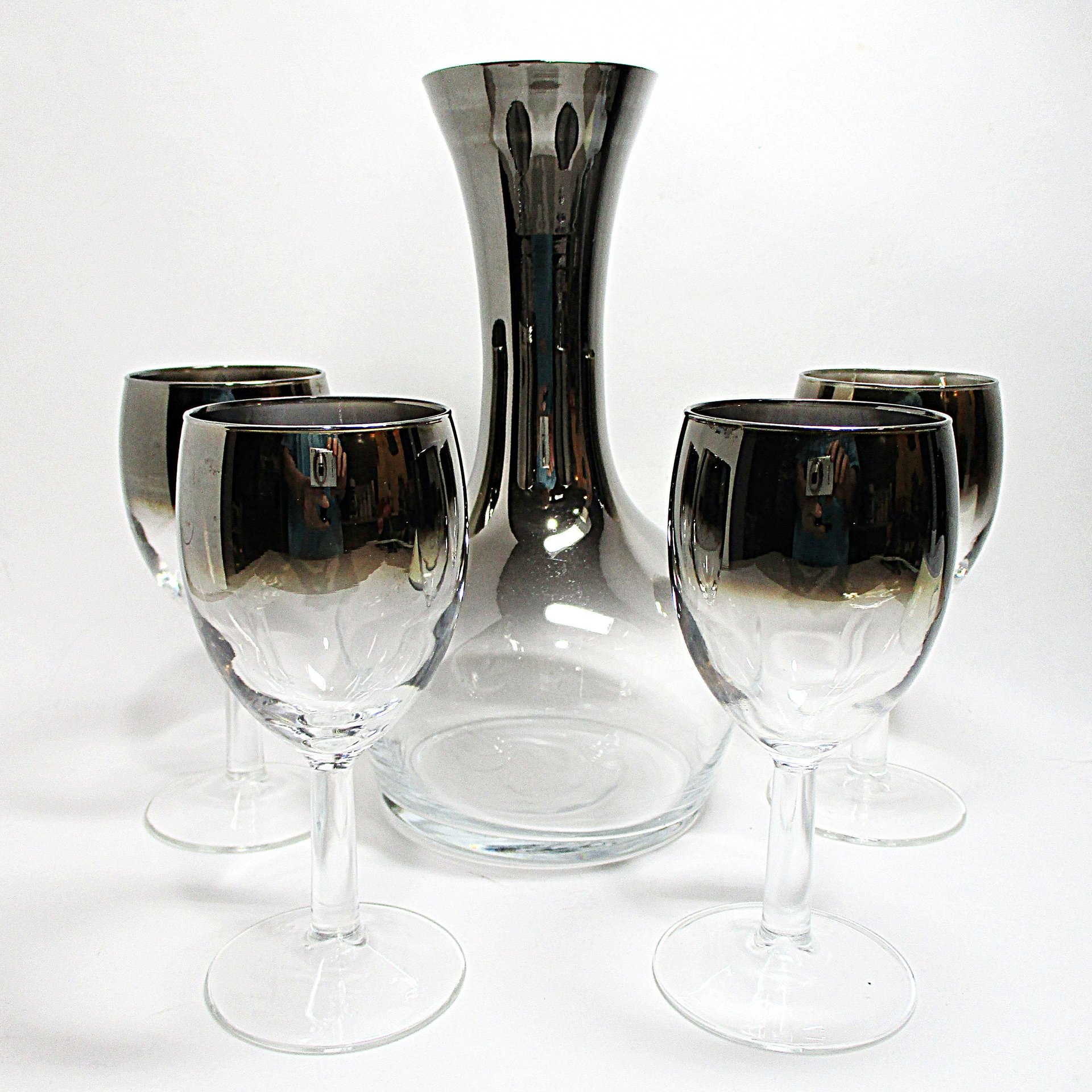 Vintage Wine Carafe and 4 Glasses, Silver Fade Decanter, Mid Century Barware, Silver Ombre, Wedding Gift