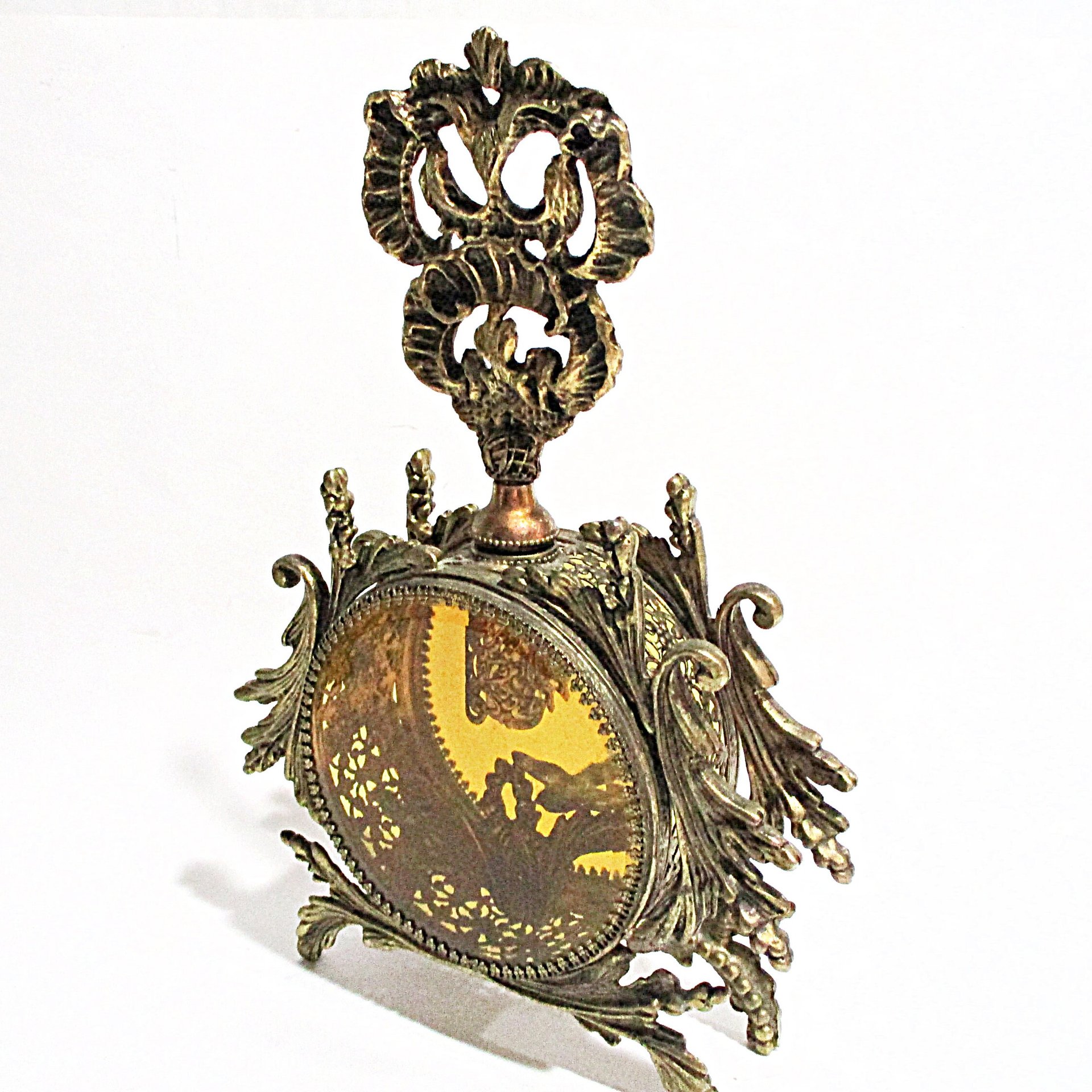 Ormolu Perfume Bottle, Glass Dauber, Amber Beveled Glass Sides, Bird Floral Insert, Gold Filigree, Hollywood Regency, Victorian Decor