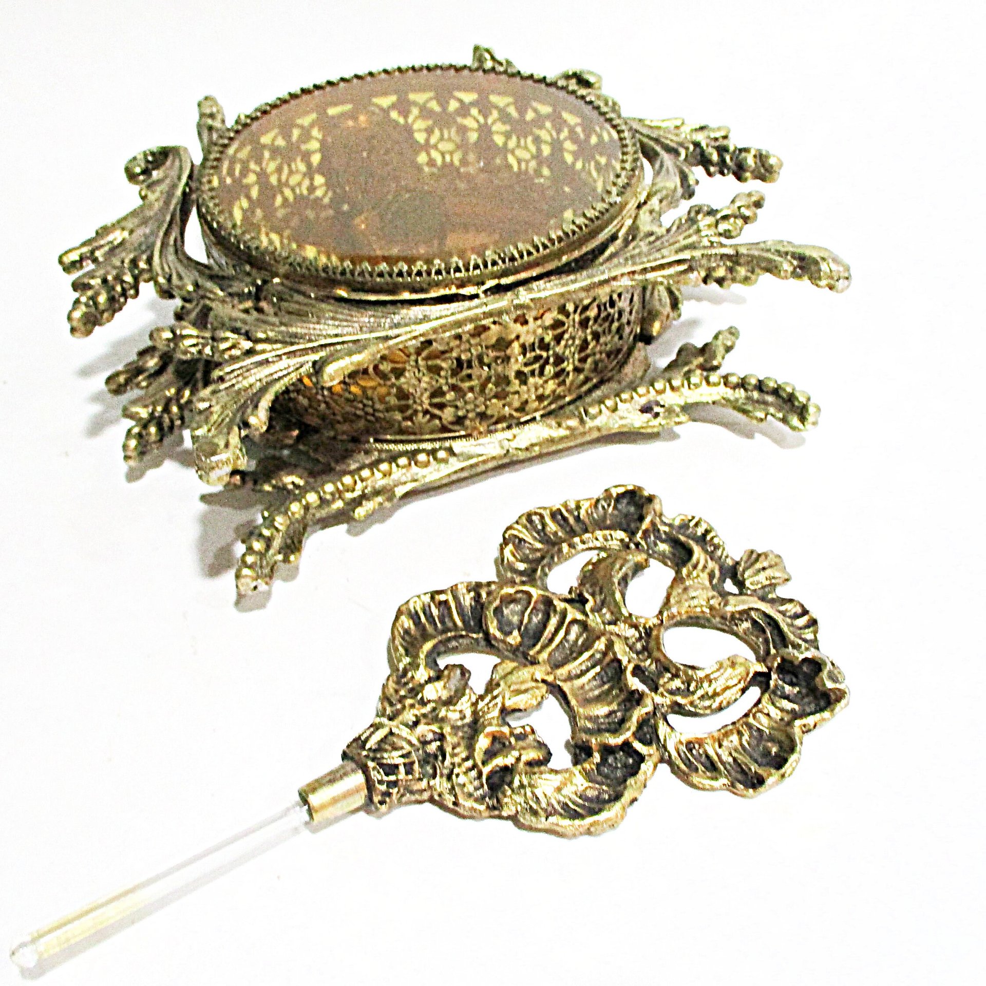Ormolu Perfume Bottle, Glass Dauber, Amber Beveled Glass Sides, Bird Floral Insert, Gold Filigree, Hollywood Regency, Victorian Decor