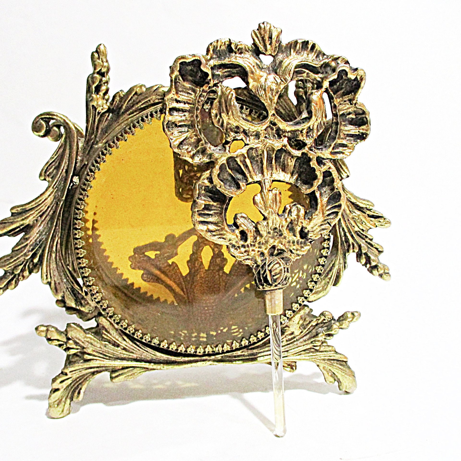 Ormolu Perfume Bottle, Glass Dauber, Amber Beveled Glass Sides, Bird Floral Insert, Gold Filigree, Hollywood Regency, Victorian Decor