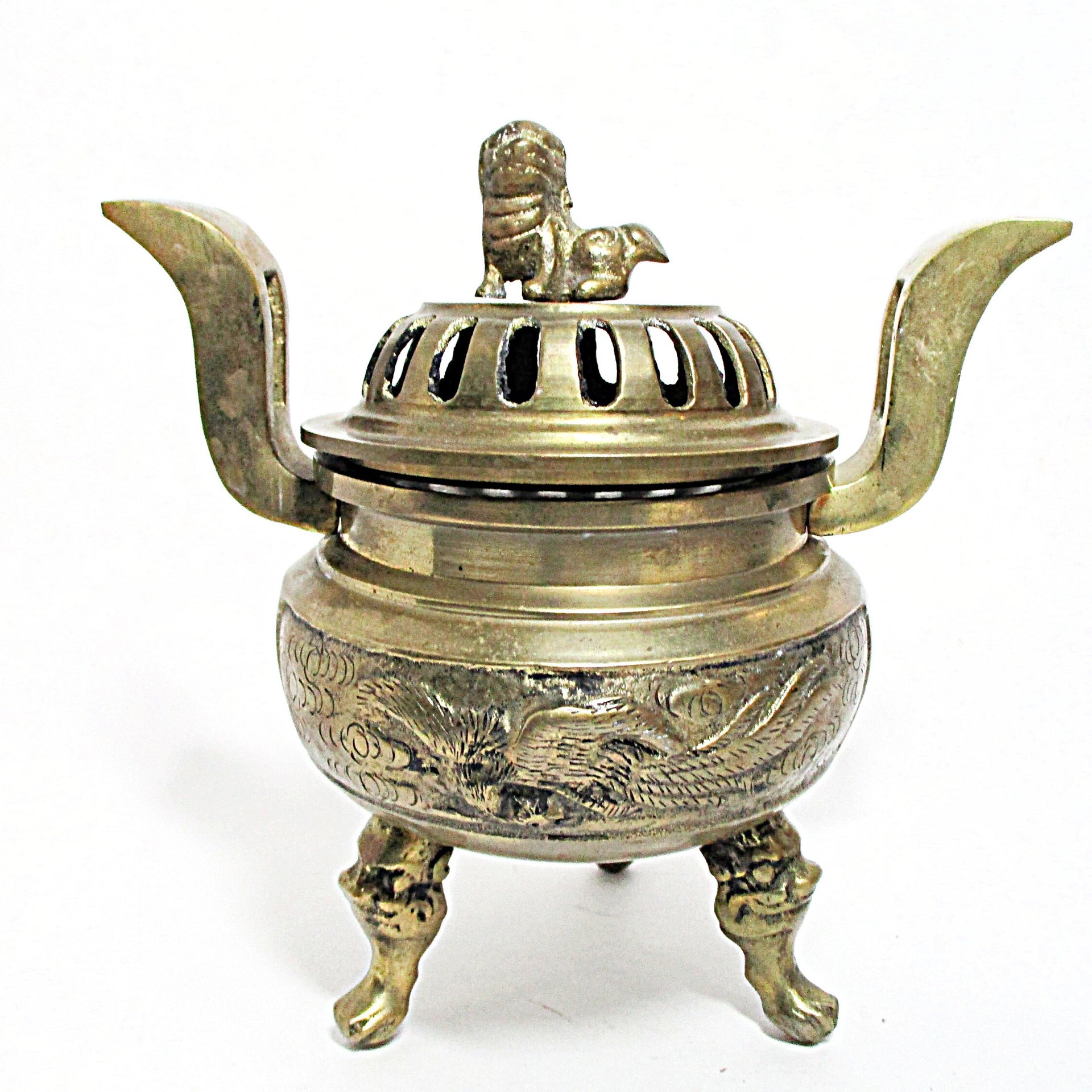 Incense Burner, Foo Dog Lid, Triple Footed, Large and Heavy, Brass Potpourri Holder