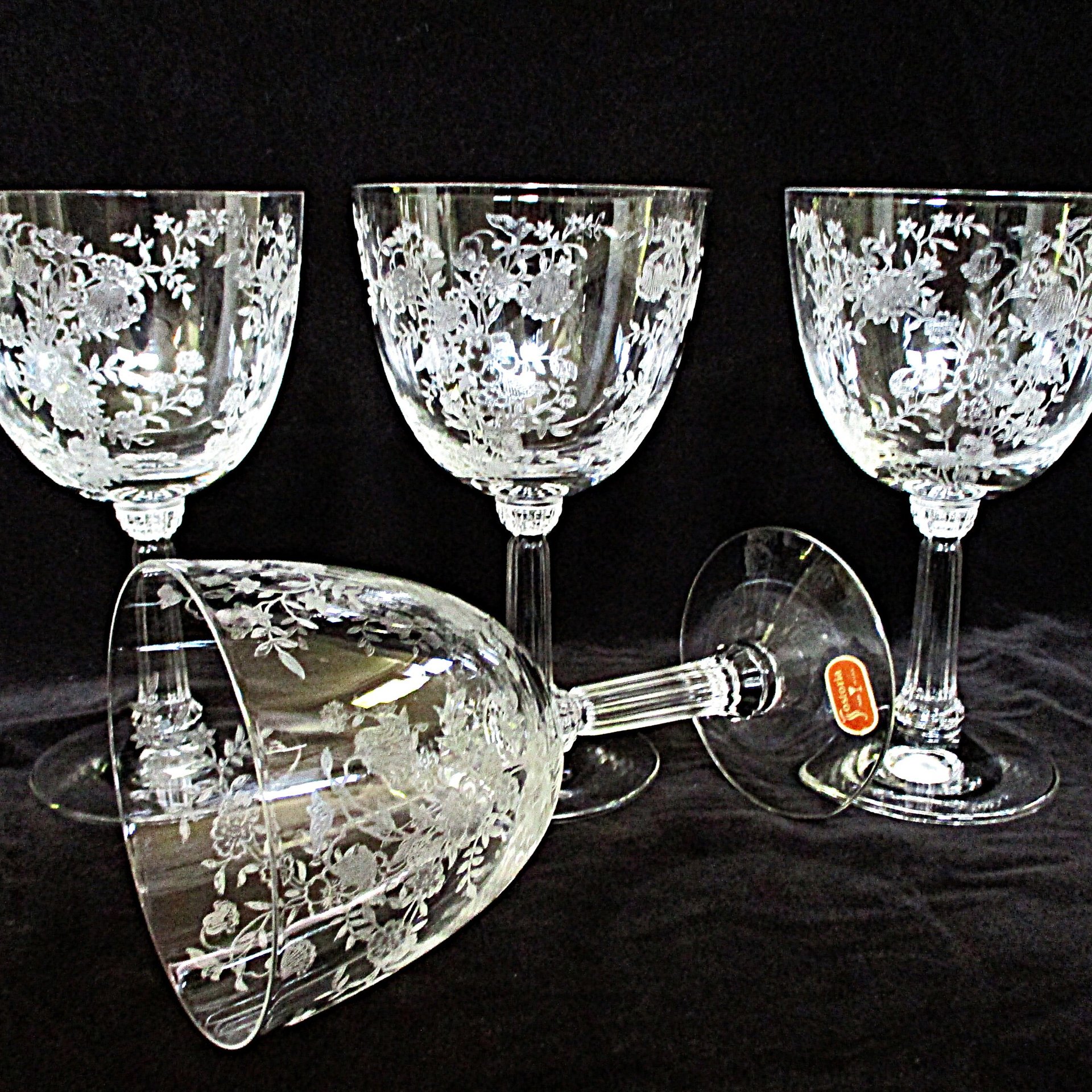 Fostoria Bouquet Water Goblets, Large Wine Glasses, Set of 4, Bridal Stemware, Floral Design, Wedding Gift, 2 Sets Available