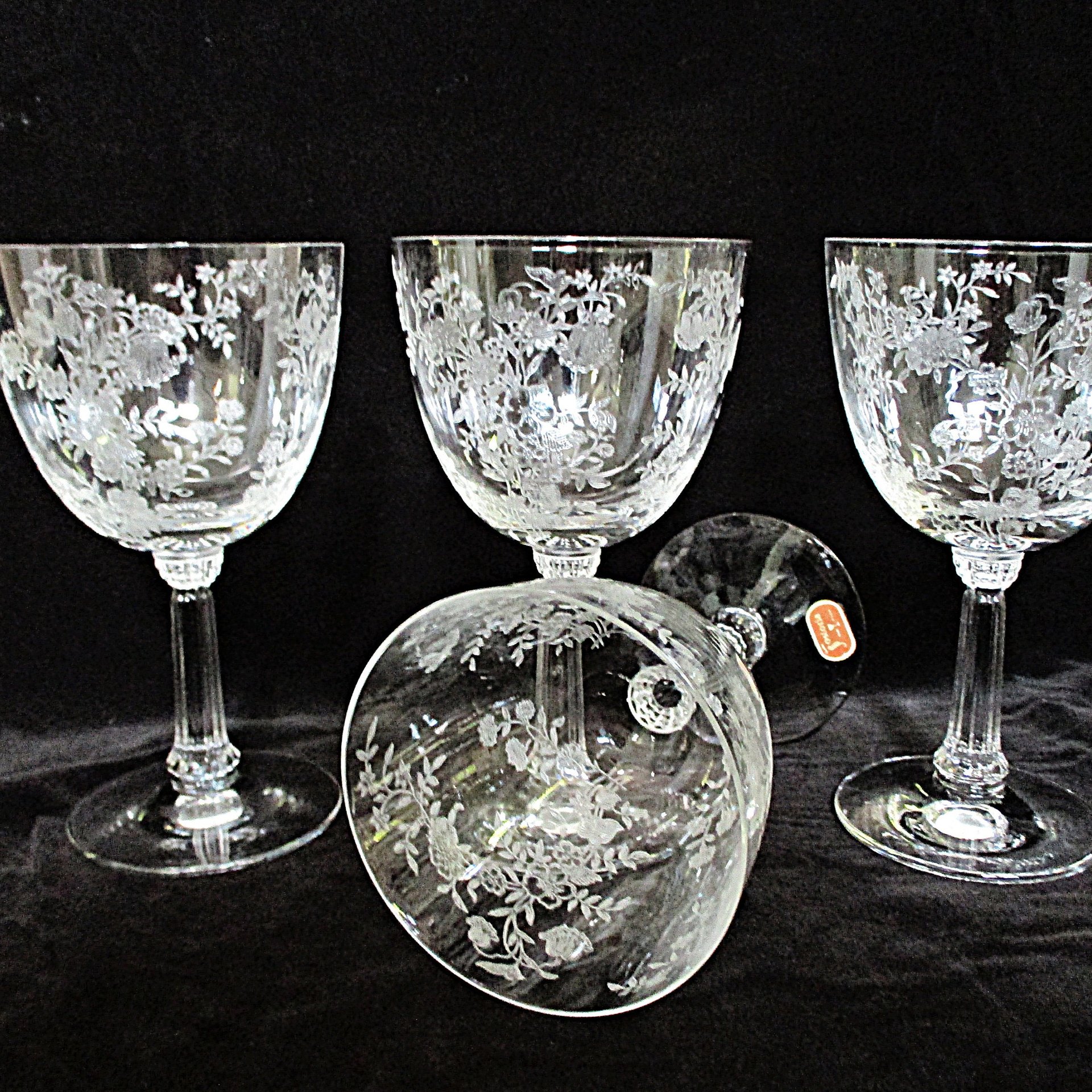 Fostoria Bouquet Water Goblets, Large Wine Glasses, Set of 4, Bridal Stemware, Floral Design, Wedding Gift, 2 Sets Available