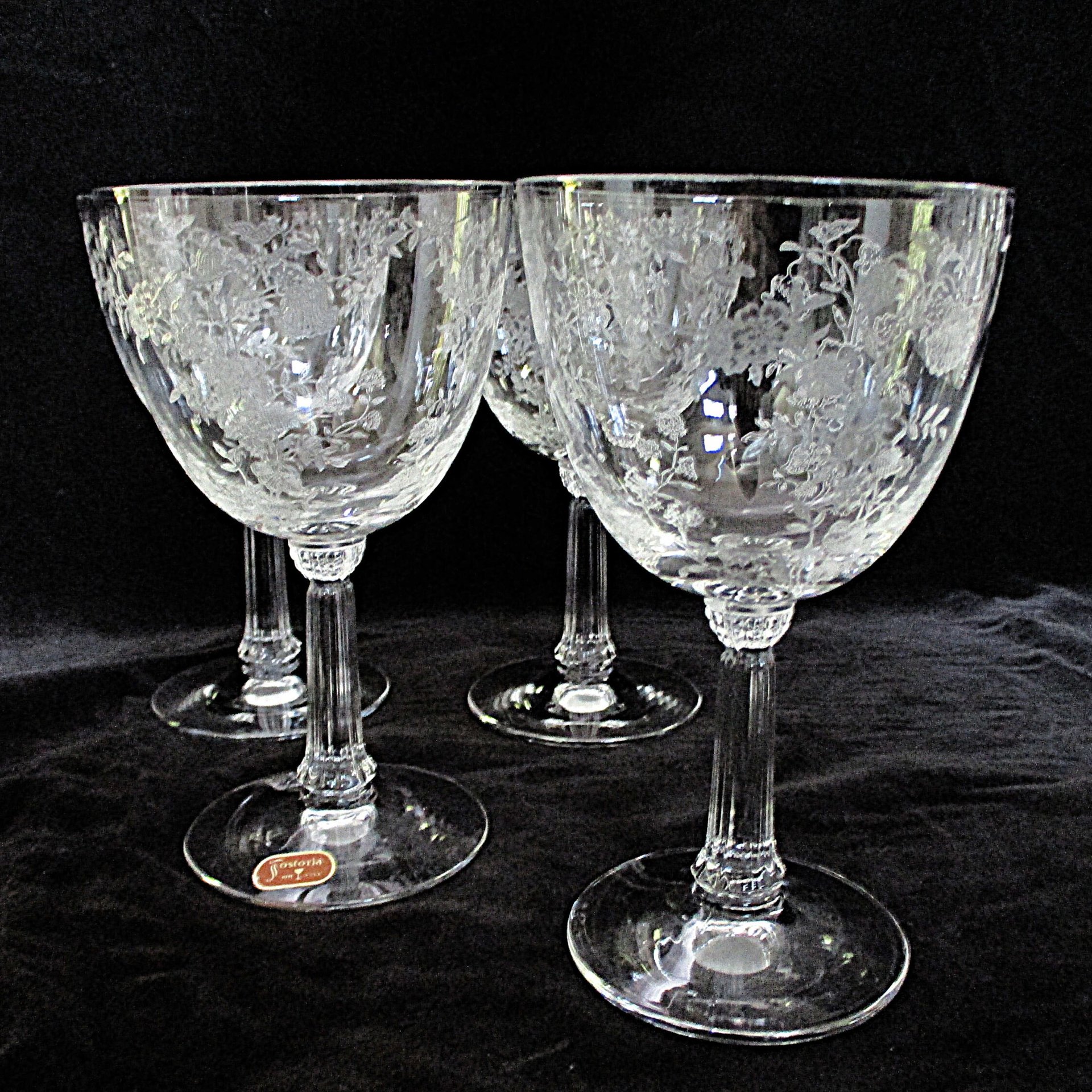 Fostoria Bouquet Water Goblets, Large Wine Glasses, Set of 4, Bridal Stemware, Floral Design, Wedding Gift, 2 Sets Available
