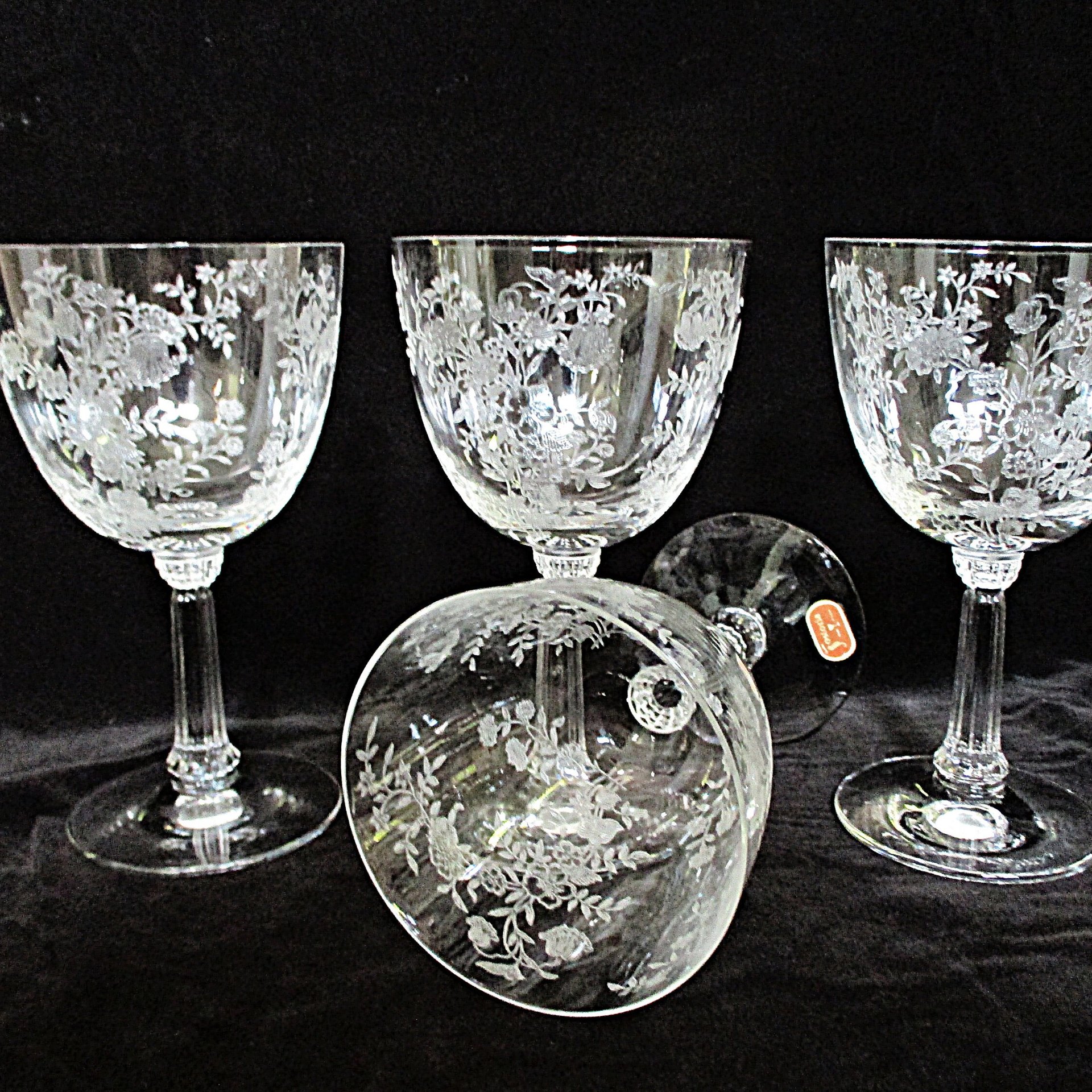 Fostoria Bouquet Water Goblets, Large Wine Glasses, Set of 4, Bridal Stemware, Floral Design, Wedding Gift, 2 Sets Available