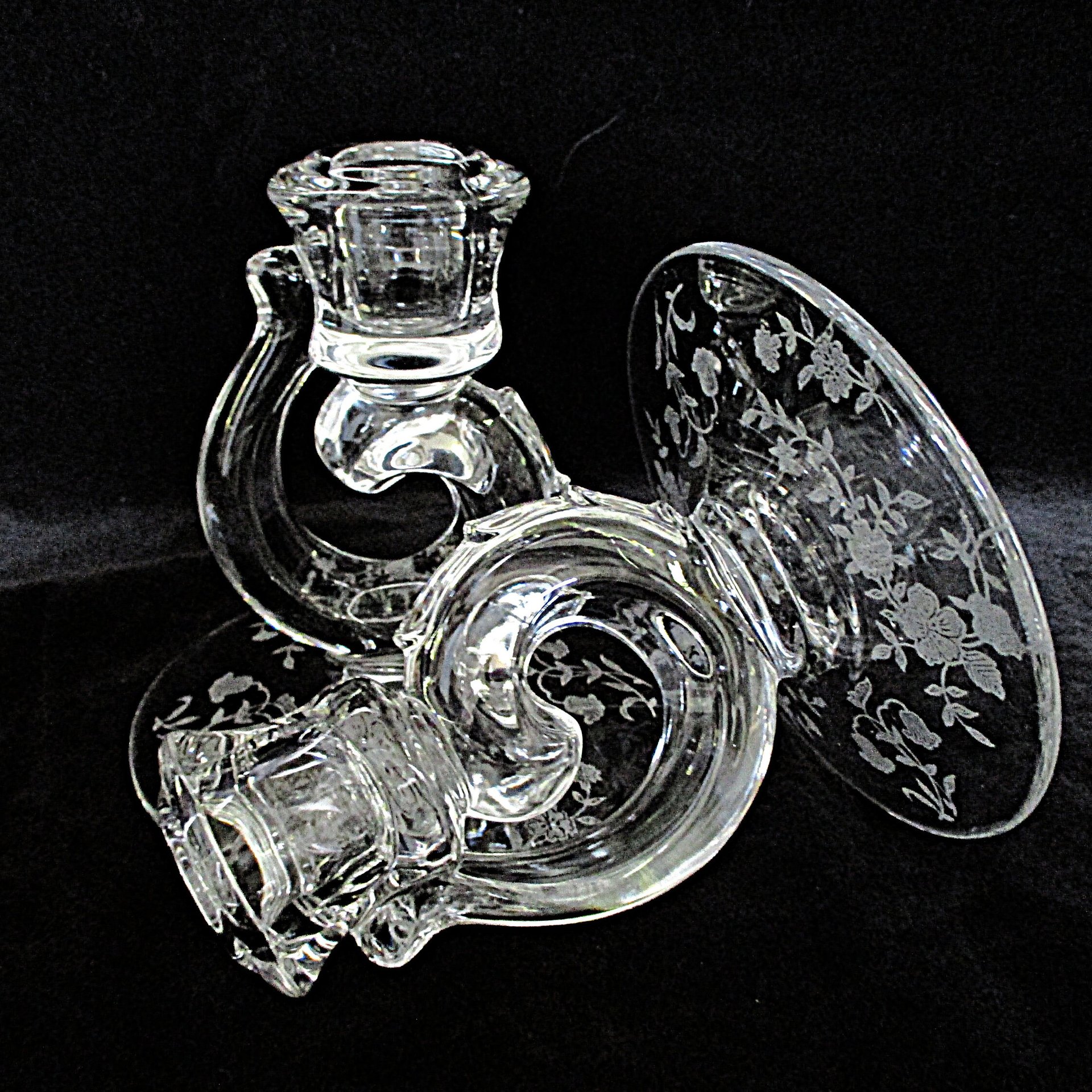 Fostoria Bouquet, Candle Holders, Set of 2, Etched Crystal, Bridal Table, Wedding Shower Decor