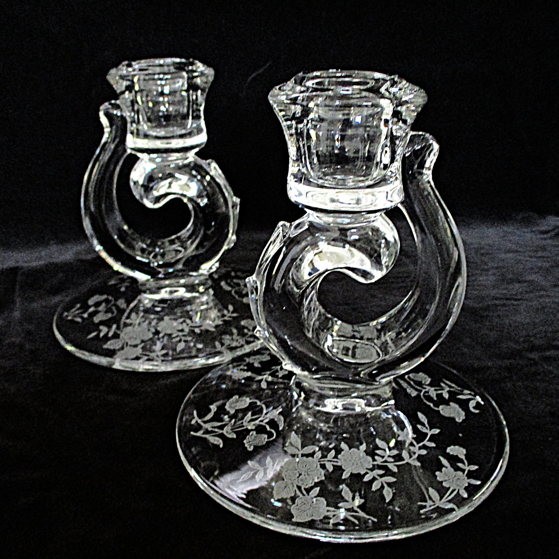 Fostoria Bouquet, Candle Holders, Set of 2, Etched Crystal, Bridal Table, Wedding Shower Decor