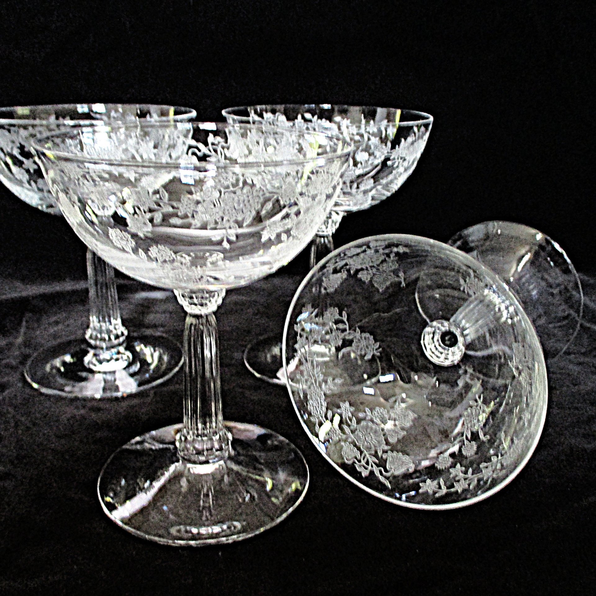 Fostoria Bouquet Champagne Coupes, Toasting Glasses, Set of 4, Bridal Stemware, Floral Design, Wedding Gift, 2 Sets Available