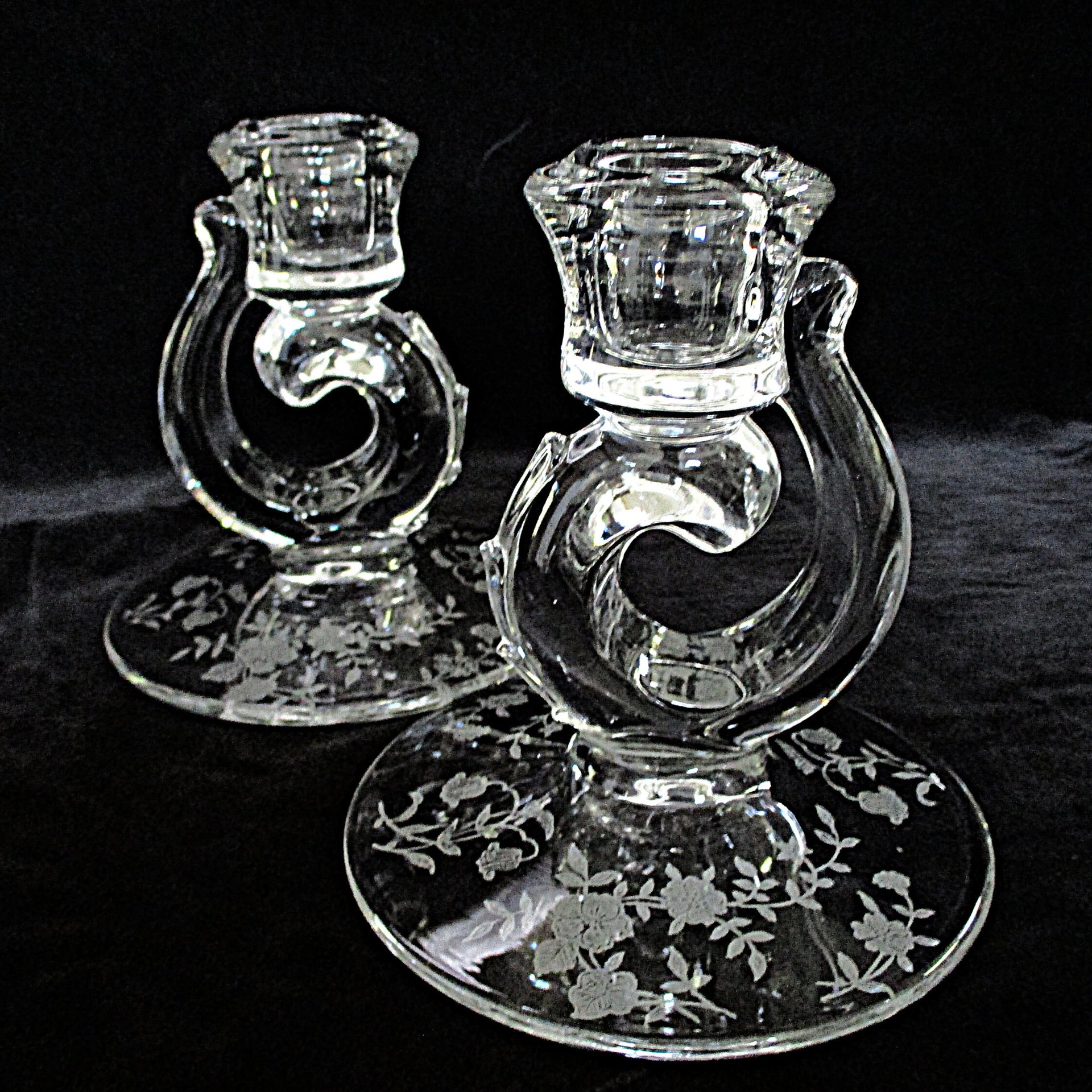 Fostoria Bouquet, Candle Holders, Set of 2, Etched Crystal, Bridal Table, Wedding Shower Decor