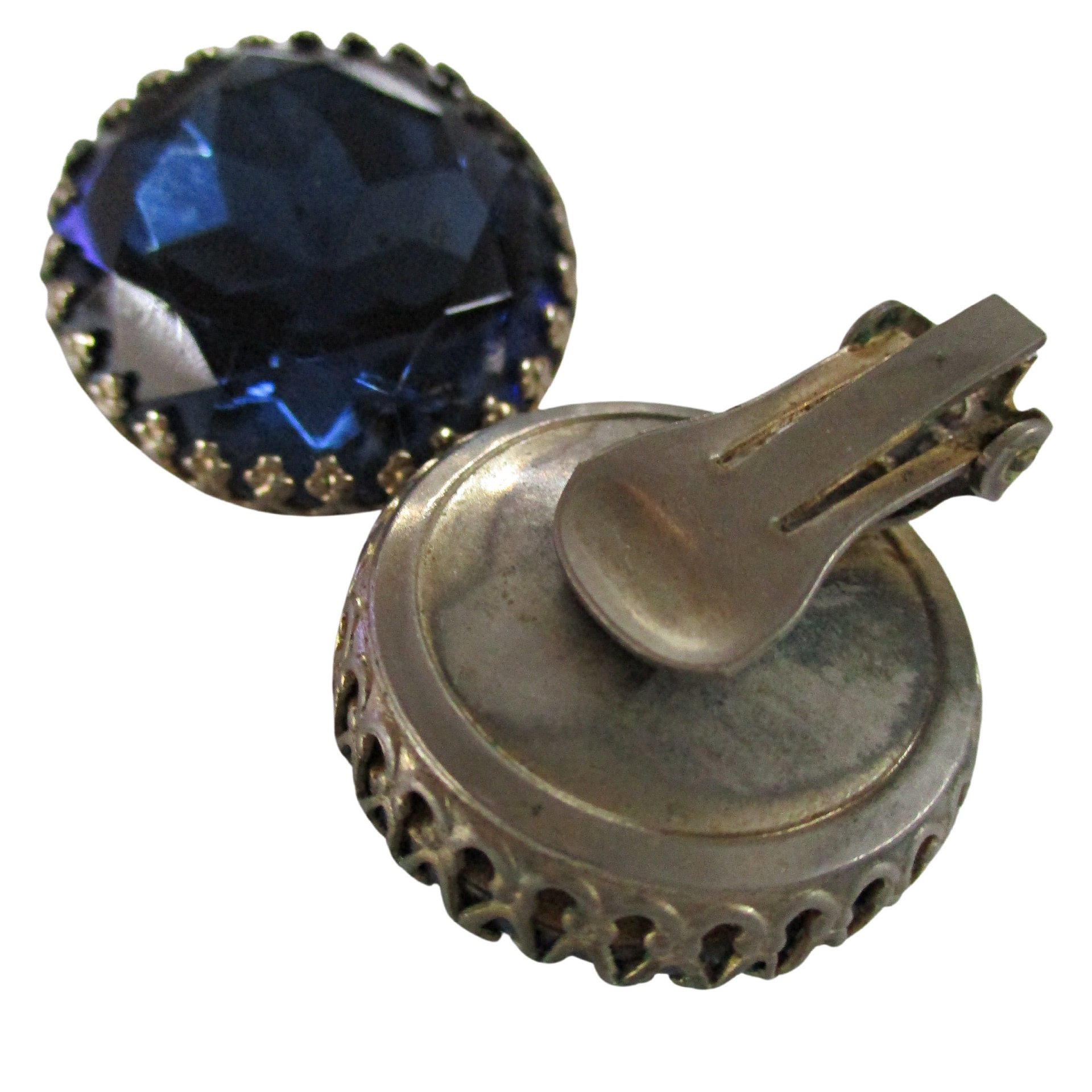 Large Blue Earrings, Round Faux Sapphire Blue Stone, Clip On Style
