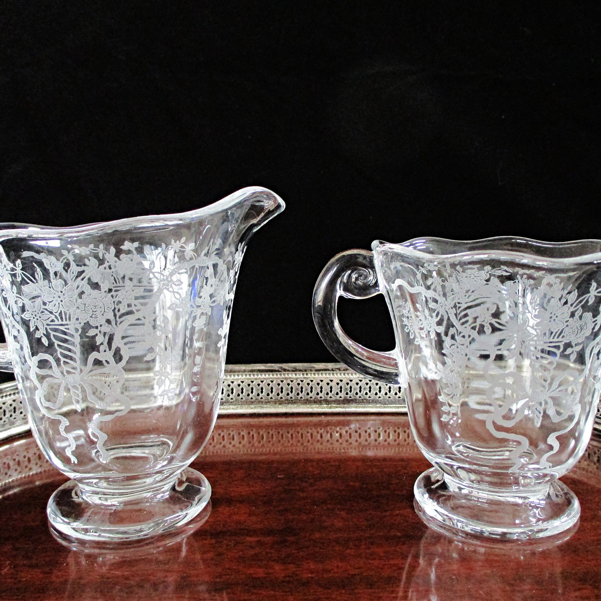 Fostoria Corsage Cream Pitcher and Sugar Bowl, Large Size, Etched Floral Creamer with Sugar Bowl, Wedding Gift, Formal Table Setting