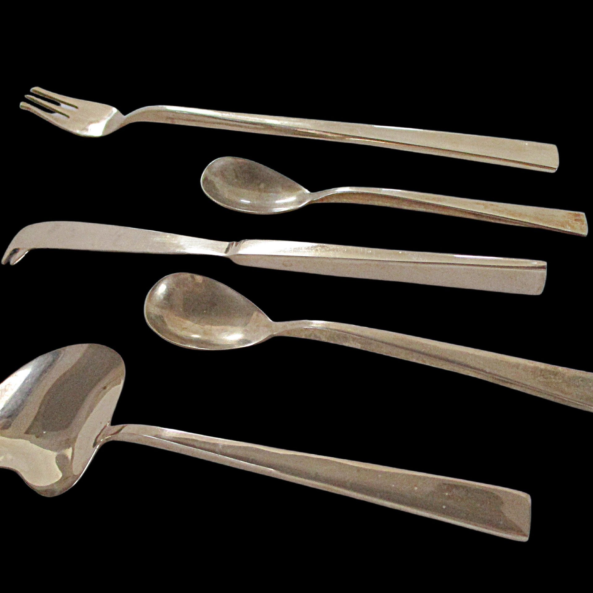 Mid Century Bar Tools, Bronze Nickel Brass, 5pc Set, Danish Modernist, Minimalist Barware