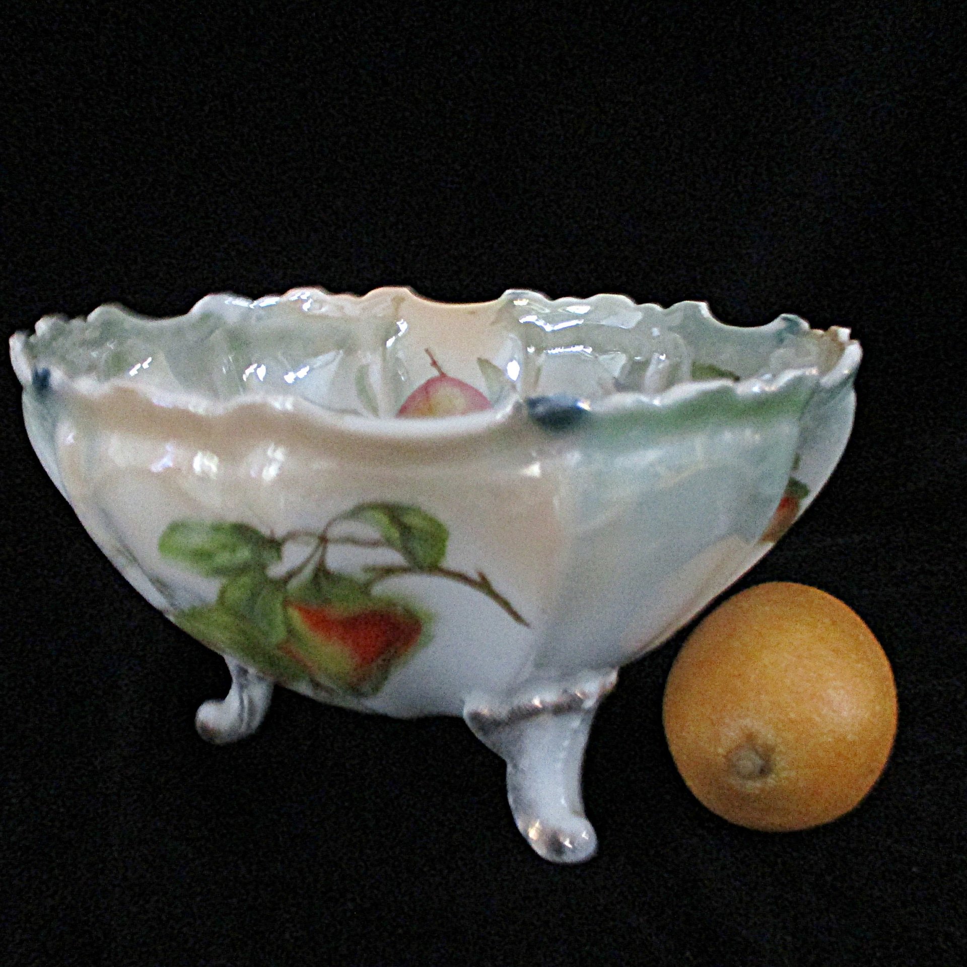 Large Fruit Bowl, Hand Painted, Fruit Design, Footed and Scalloped, Glossy Finish, Centerpiece, Antique Bowl, Wedding Gift