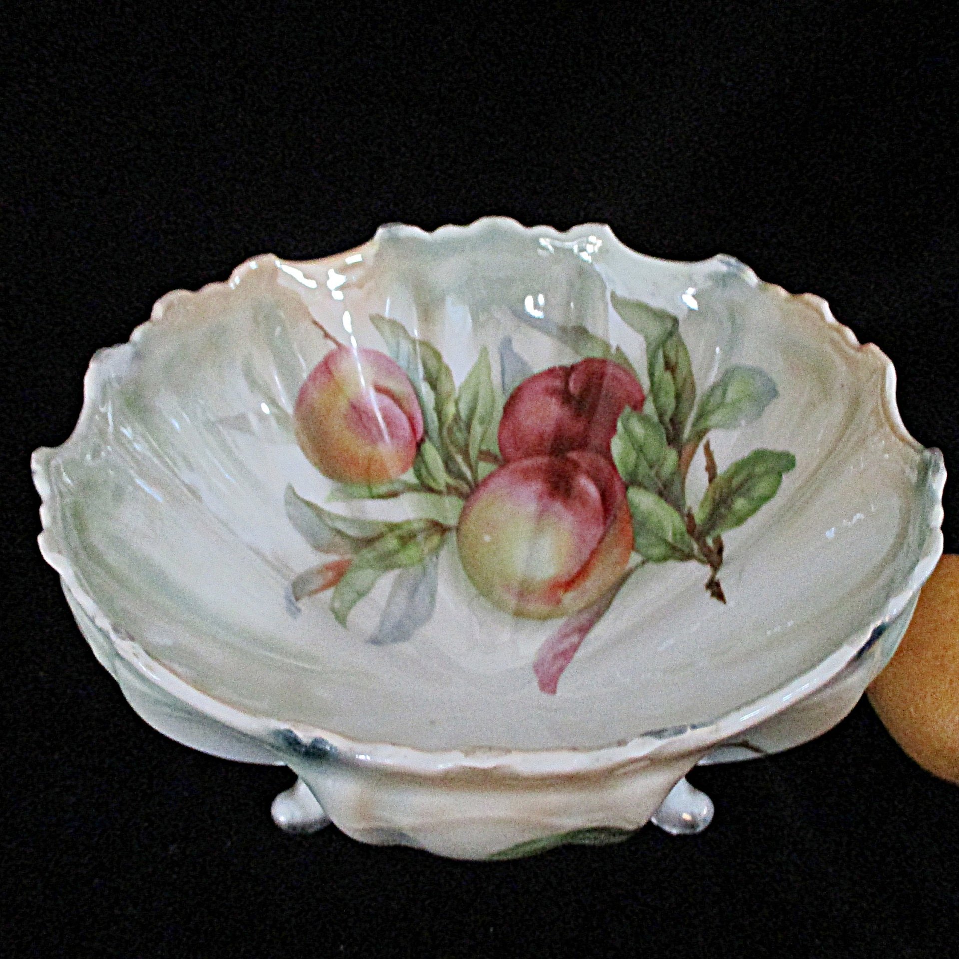 Large Fruit Bowl, Hand Painted, Fruit Design, Footed and Scalloped, Glossy Finish, Centerpiece, Antique Bowl, Wedding Gift