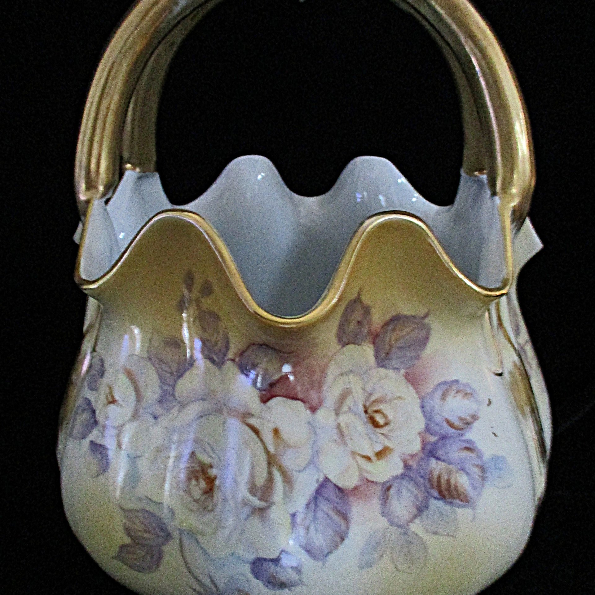 Antique Porcelain Basket, Hand Painted Florals, Gold Gilt Trims, Large and Heavy, Victorian Decor