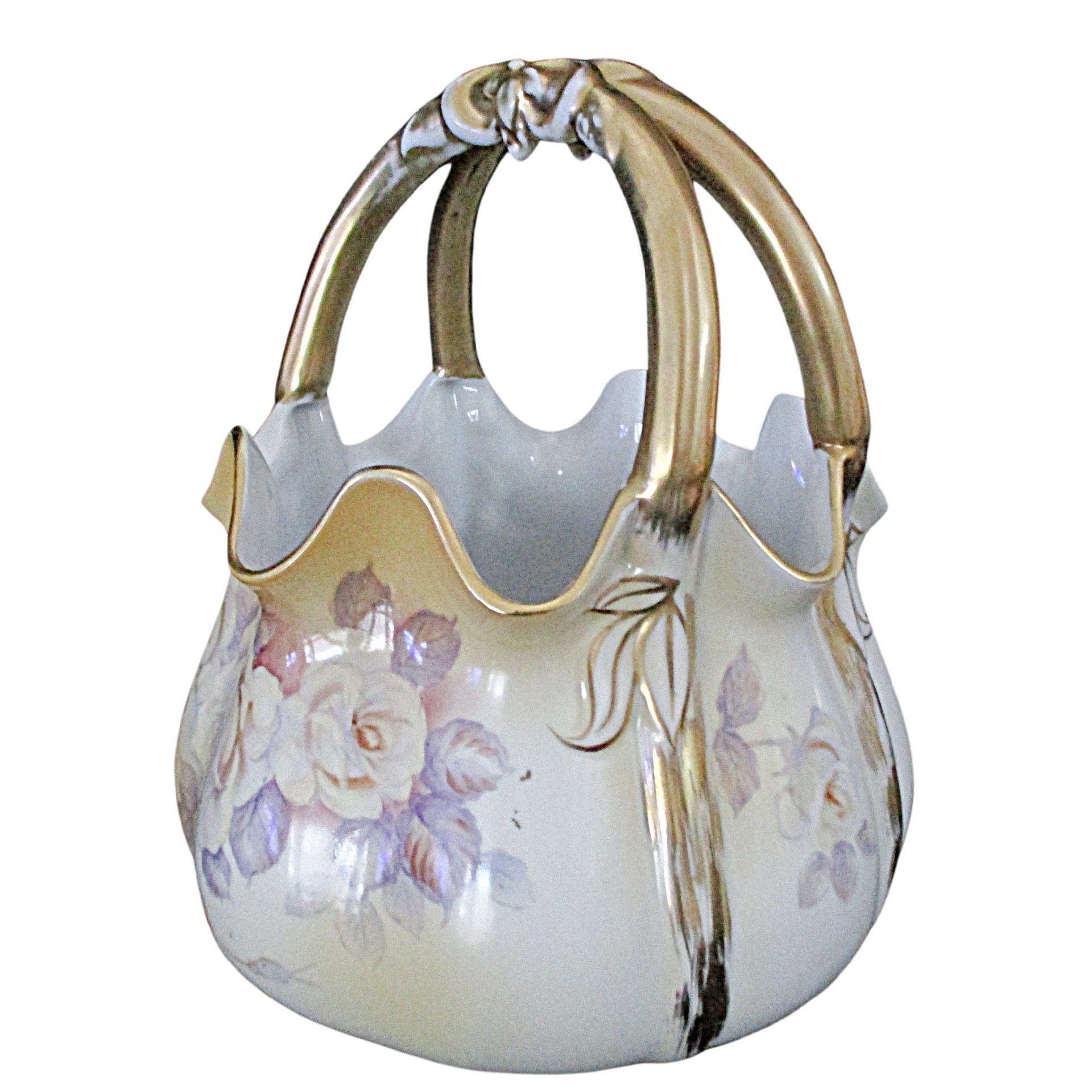 Antique Porcelain Basket, Hand Painted Florals, Gold Gilt Trims, Large and Heavy, Victorian Decor