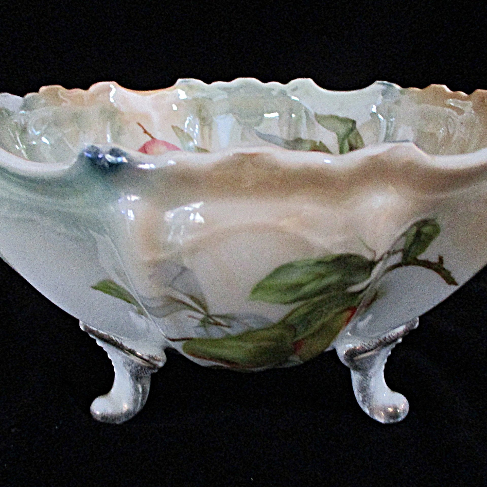 Large Fruit Bowl, Hand Painted, Fruit Design, Footed and Scalloped, Glossy Finish, Centerpiece, Antique Bowl, Wedding Gift