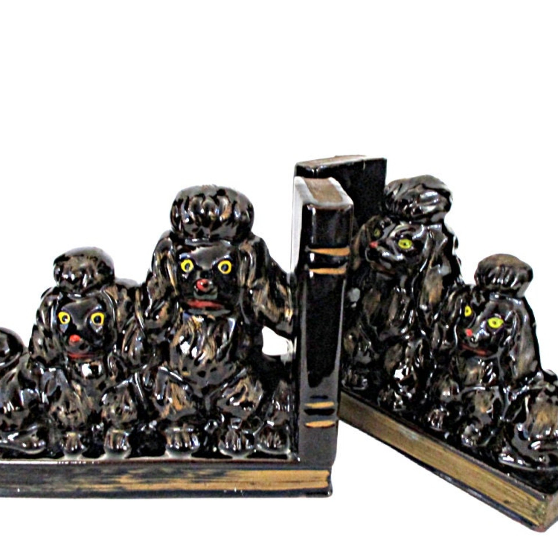 Mid Century Poodle Bookends, Pair of Black French Poodles, Japan Redware, Gold Accents