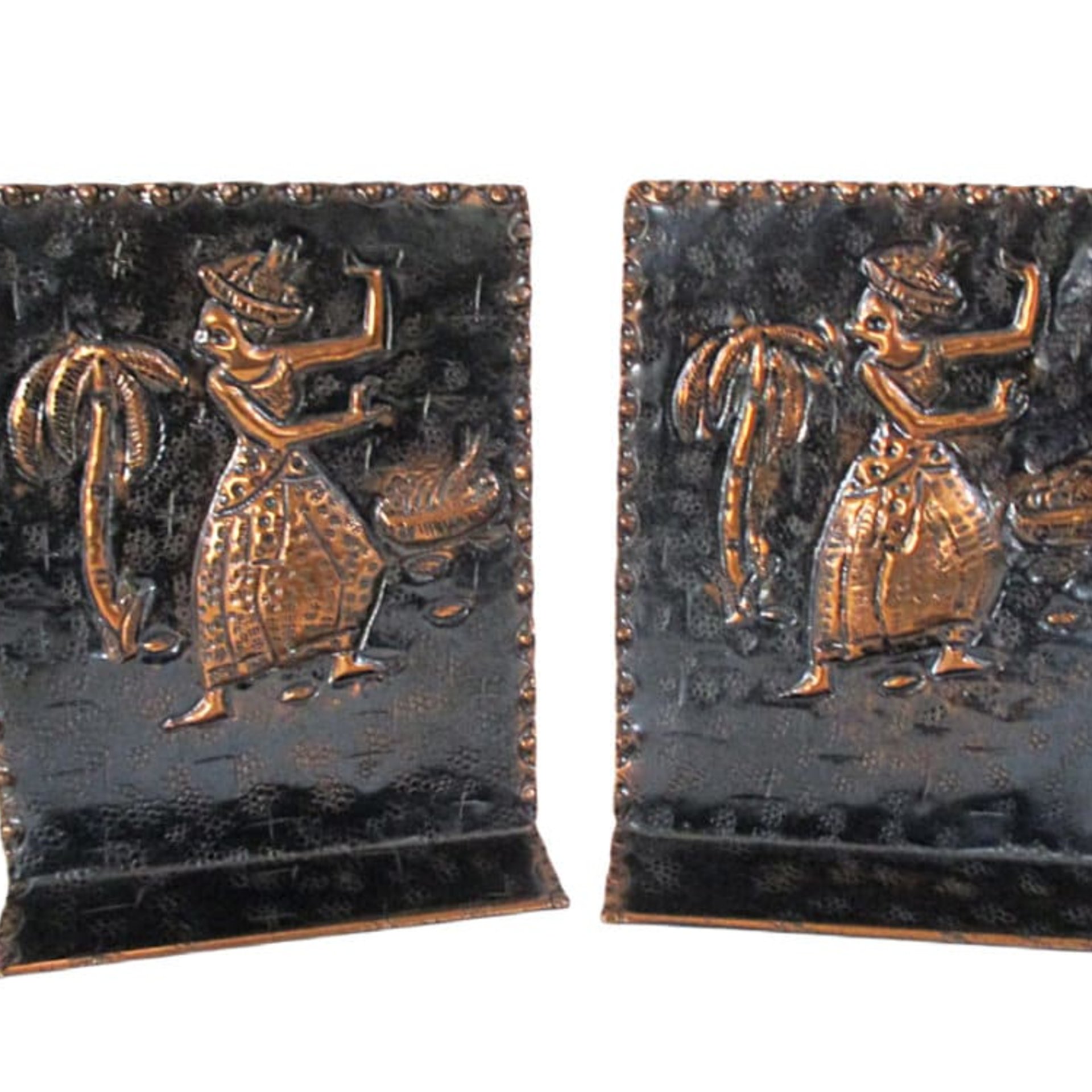 Tropical Bookends, Tin Metal, Palm Trees, Dancer, Beach Decor