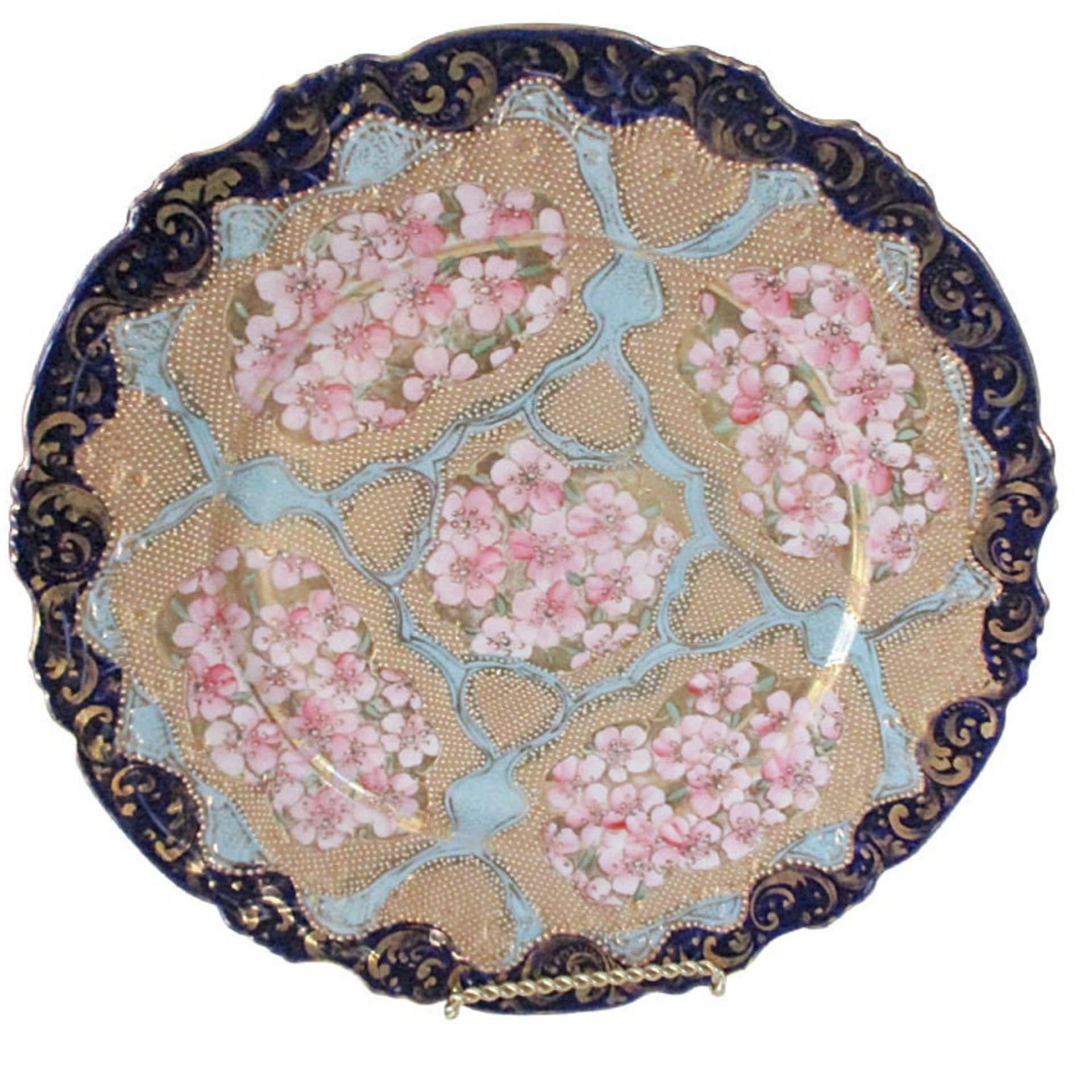 Antique Nippon Plate, Cobalt Blue and Gold Borders, Heavy Moriage, Coral, Pinks, Light Aqua, Ornate, Heavy Gold, 10 Inch Diameter