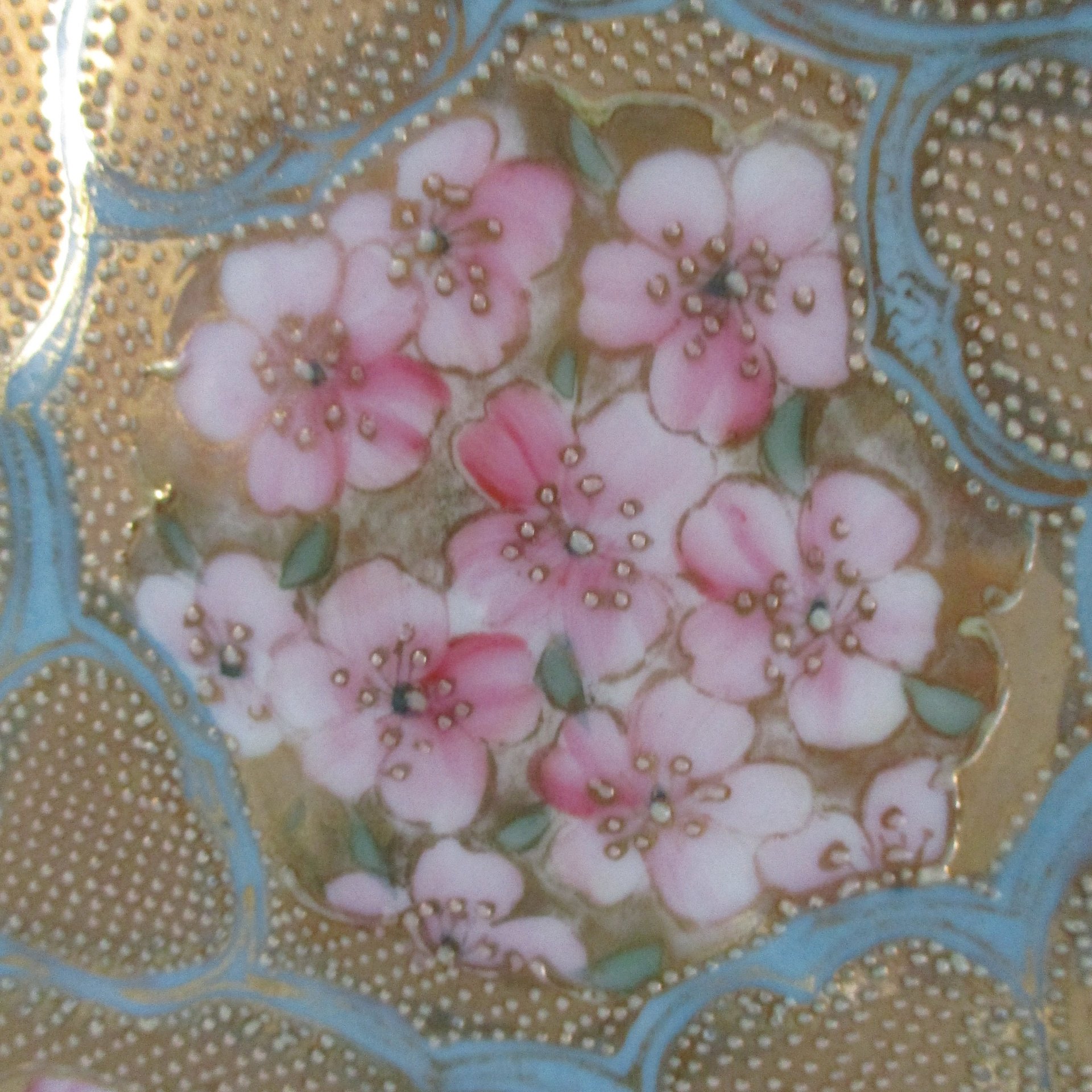 Antique Nippon Plate, Cobalt Blue and Gold Borders, Heavy Moriage, Coral, Pinks, Light Aqua, Ornate, Heavy Gold, 10 Inch Diameter
