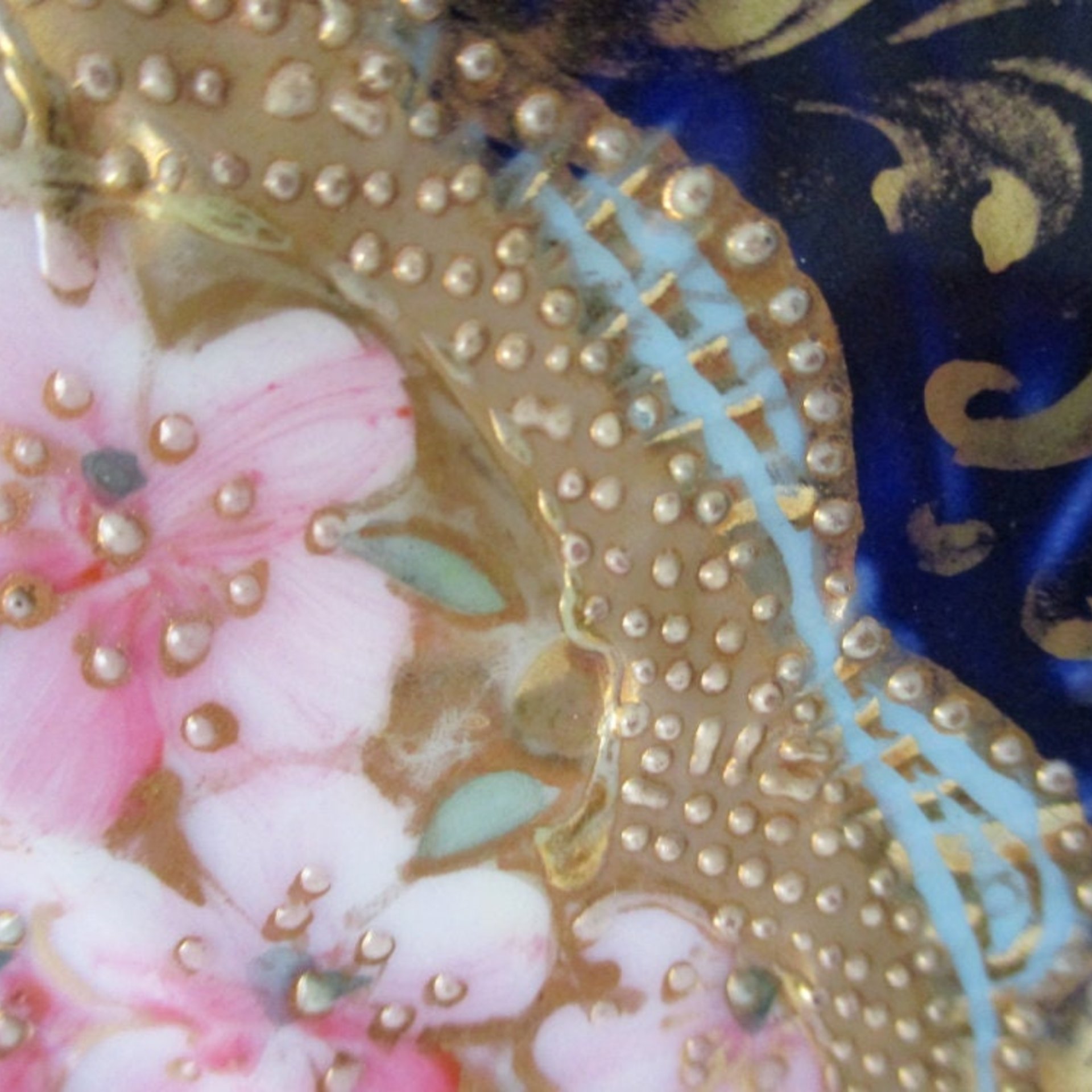 Antique Nippon Plate, Cobalt Blue and Gold Borders, Heavy Moriage, Coral, Pinks, Light Aqua, Ornate, Heavy Gold, 10 Inch Diameter